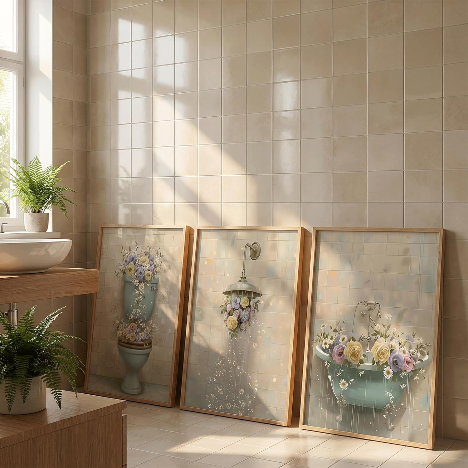 3pcs Framed Vintage Floral Bathroom Canvas Wall Art Beige Floral Shower Posters Prints Paintings Rustic Cottagecore Wildflower Paintings for Toilet Washroom WC Paintings Decoration Prepare To Hang
