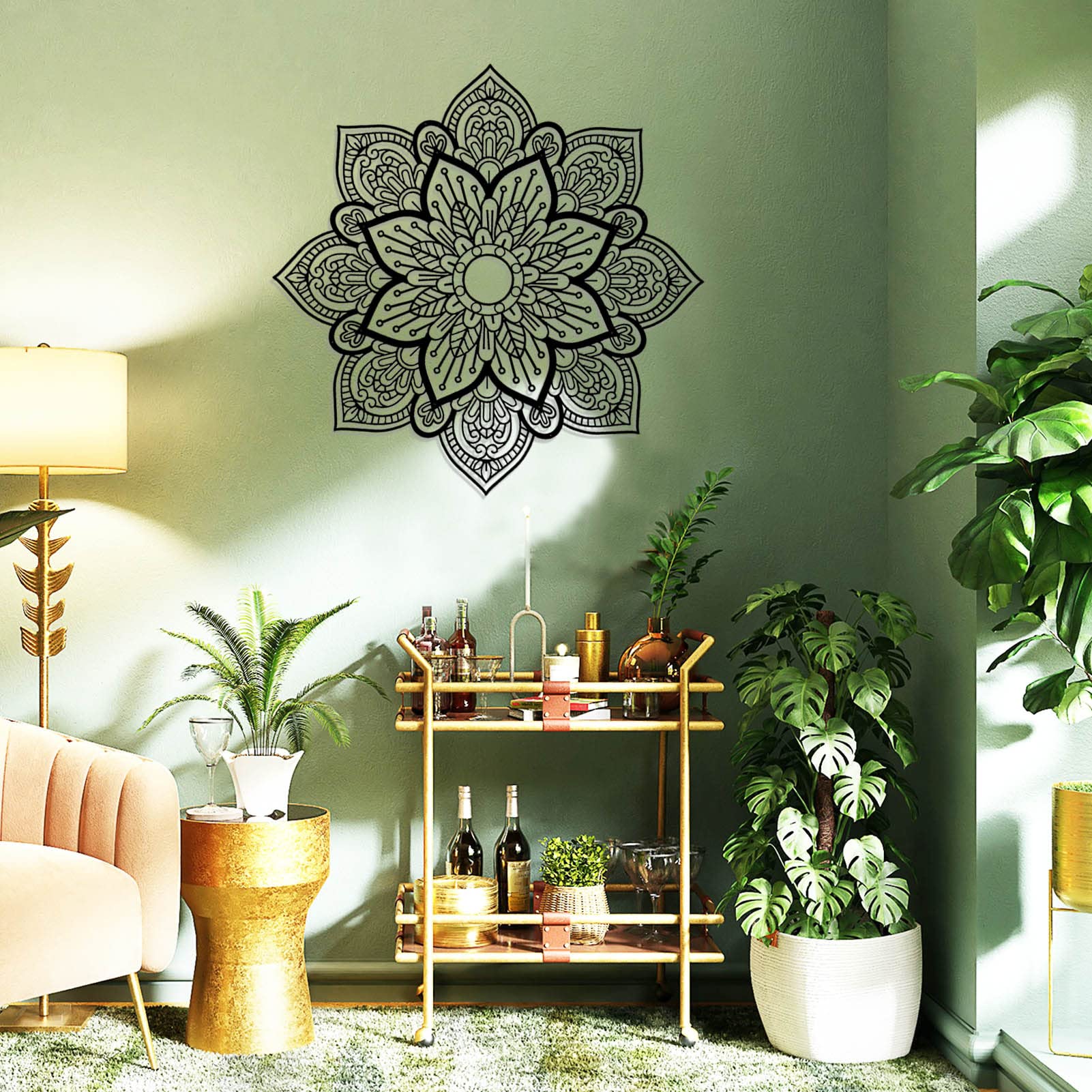 Resama Zwart groot metalen ronde mandala wanddecoratie, unieke lotusbloem muurkunst voor woonkamer slaapkamer badkamer gang huiskamer en kantoordecoratie