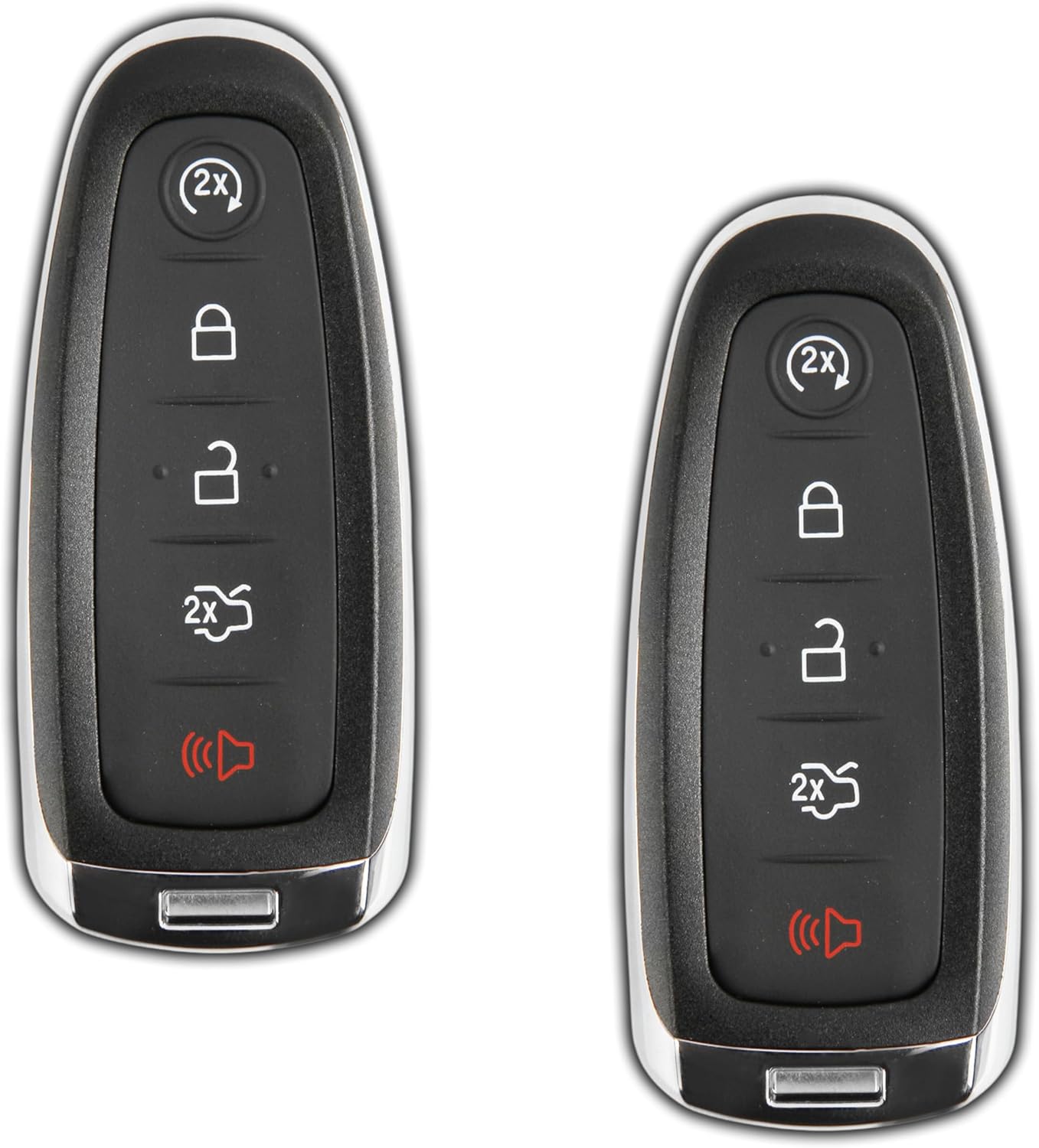 Two KeylessOption key fobs, front view, showing five buttons and a chrome trim.