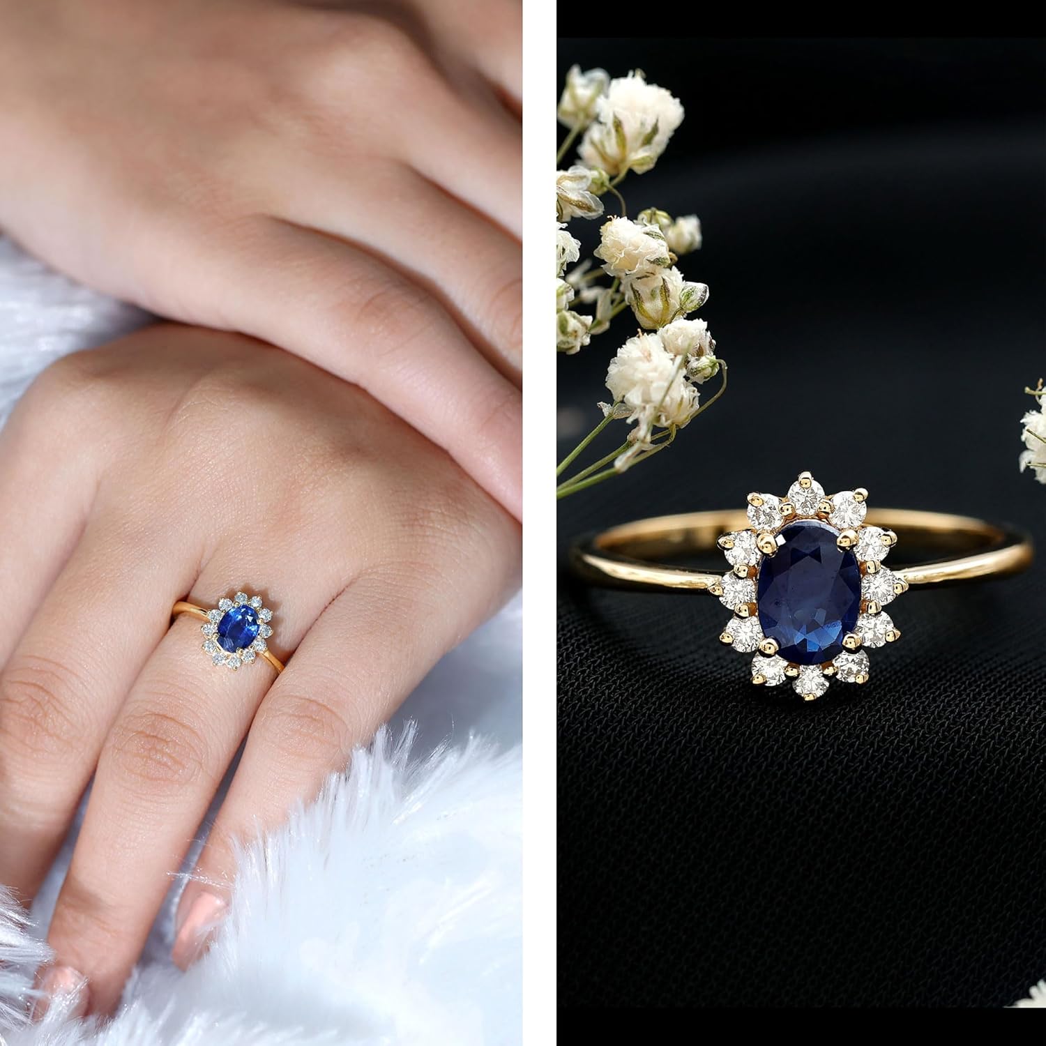 Natural Blue Sapphire Princess Diana Engagement Ring with Diamond, AAA Quality - Gift For Women