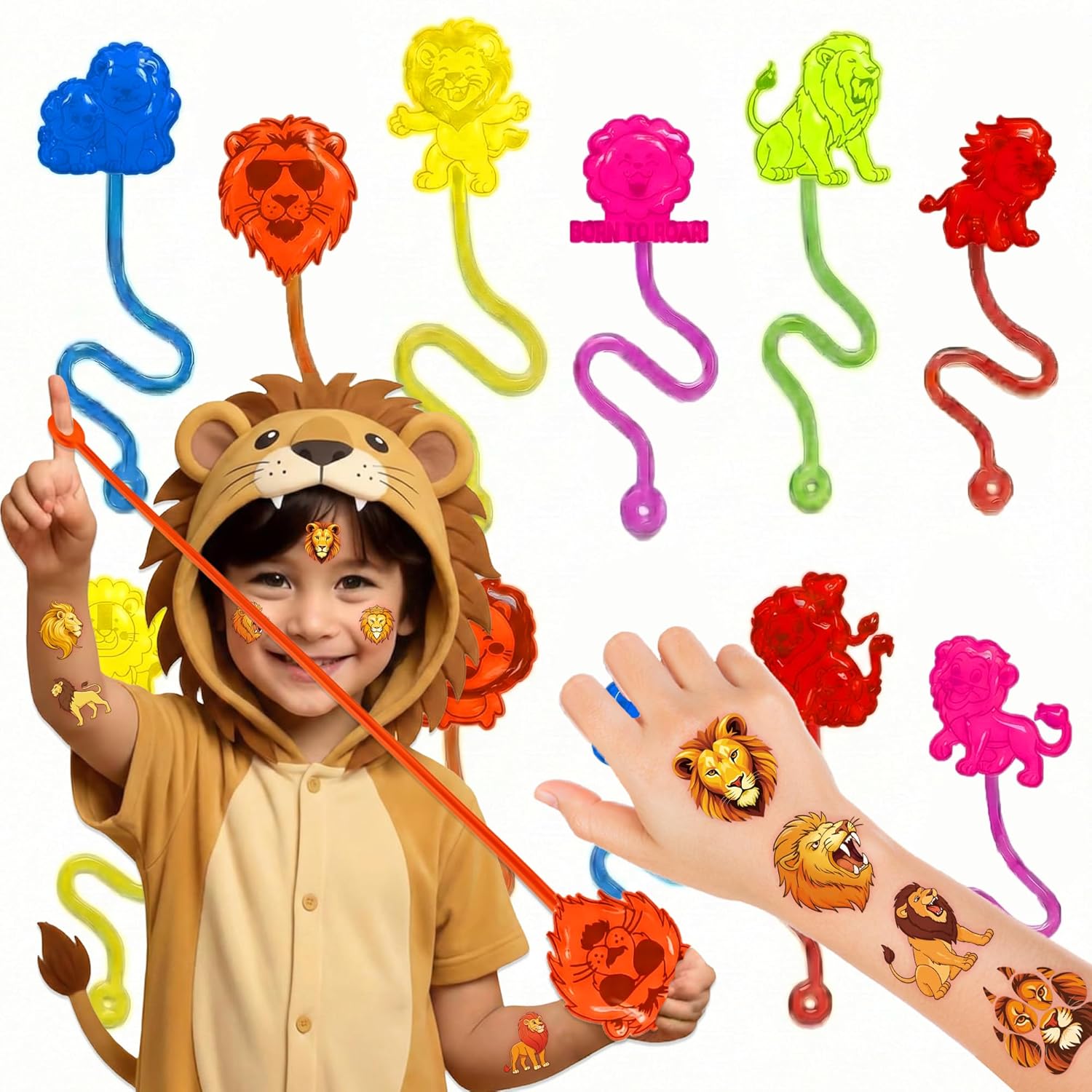 48PCS Lion Party Favors - 24PCS Temporary Tattoos & 24PCS Stick Hands Party - Perfect Birthday Party Supplies, Goodie Bag Stuffers, Treasure Box Toys, Classroom Prizes, and Student Gifts