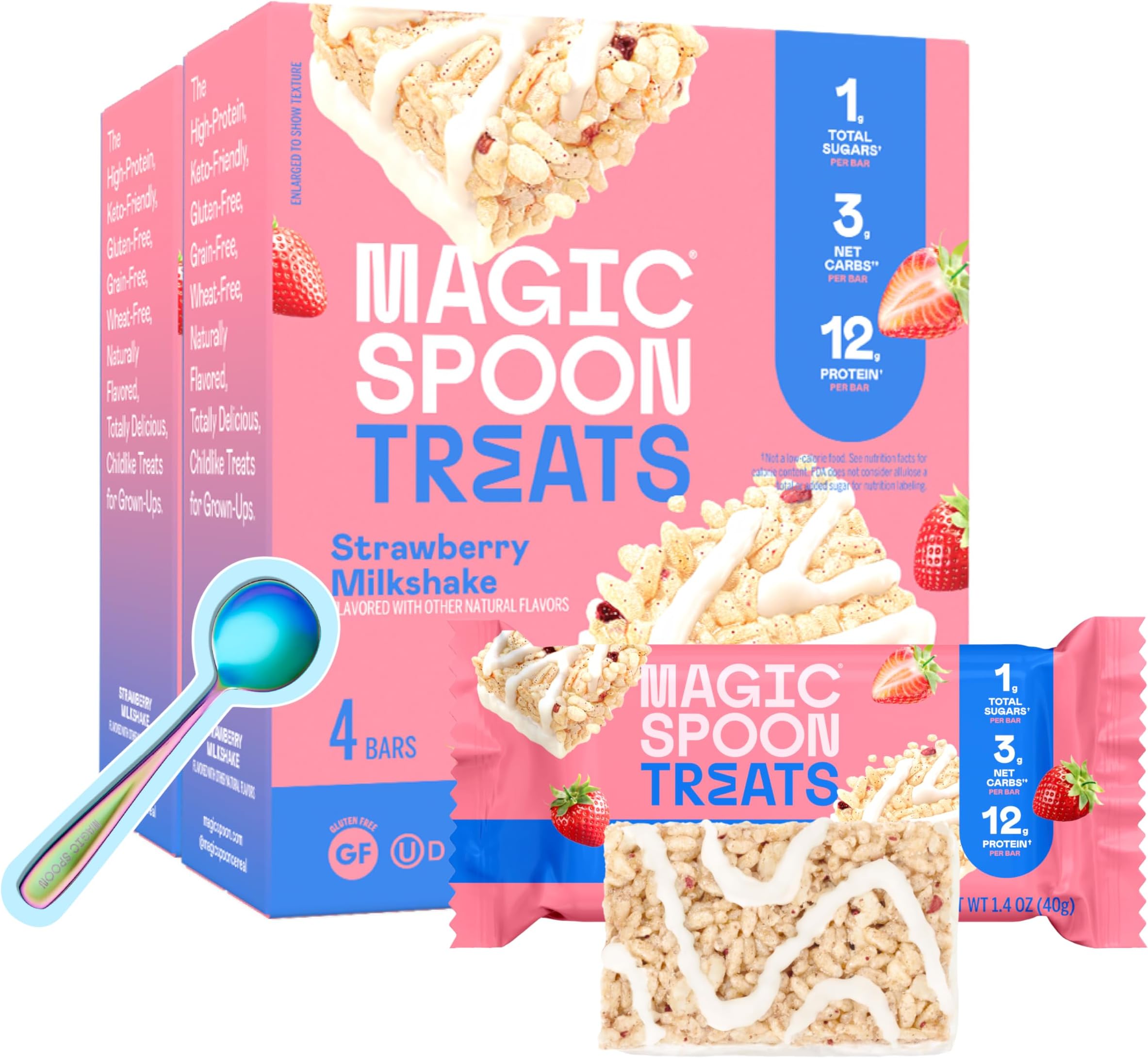 MAGIC SPOON Treats - High Protein, Low Carb, Keto Friendly, 1g of Sugar, Gluten Free, Crispy Treat Cereal Bar, On-The-Go Healthy Snack (Strawberry Milkshake, 8 Bars)