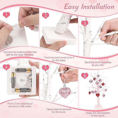 Miniatura 4 de Decoración de árbol de abedul iluminado para el día de San Valentín, mesa pequeña de 24 pulgadas, decoración de árboles de luz LED artificiales con