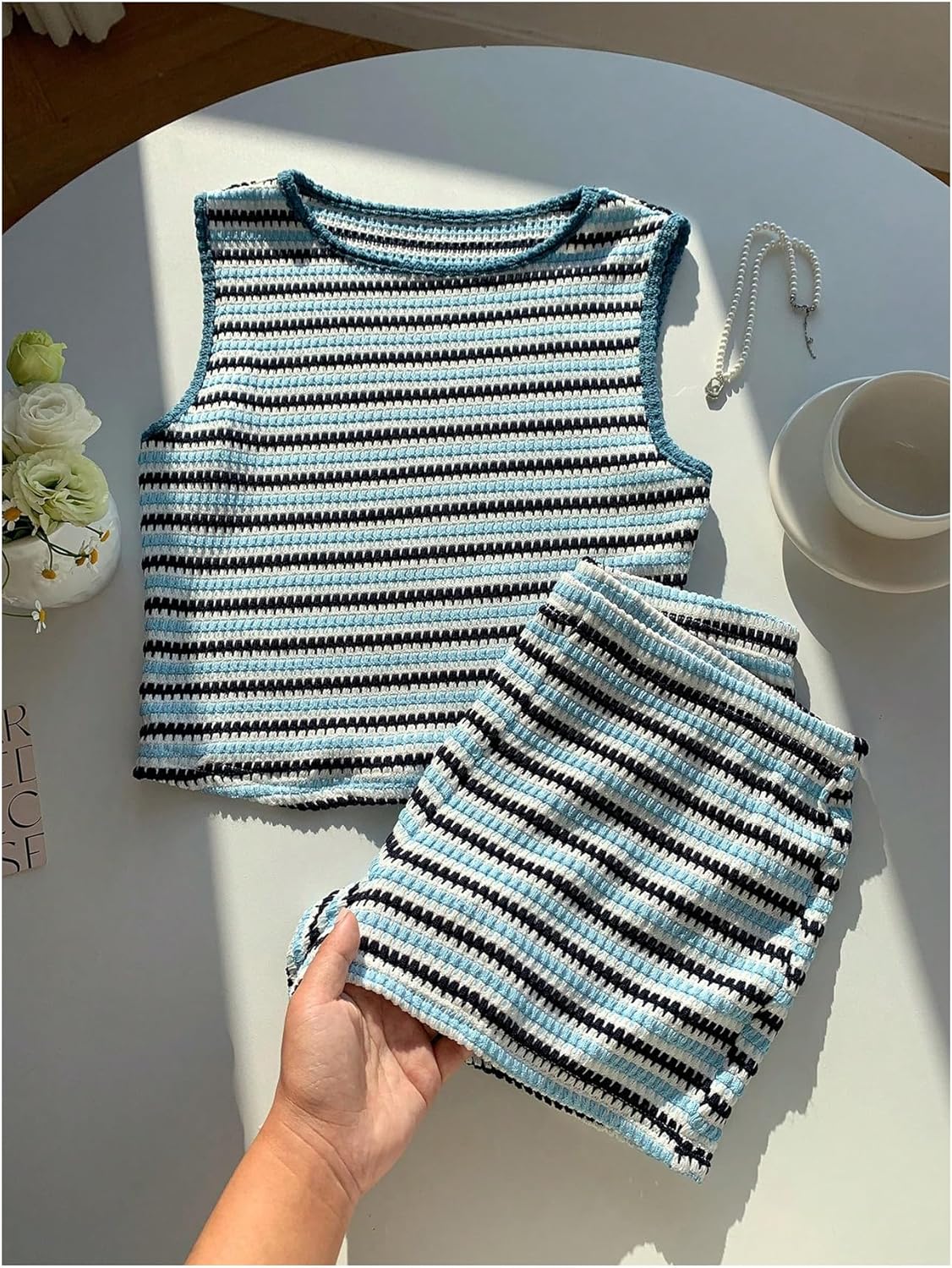 MakeMeChic Women's 2 Piece Striped Sets Two Piece Vacation Going Out Outfit Crop Tank Top and Mini Shorts Sets