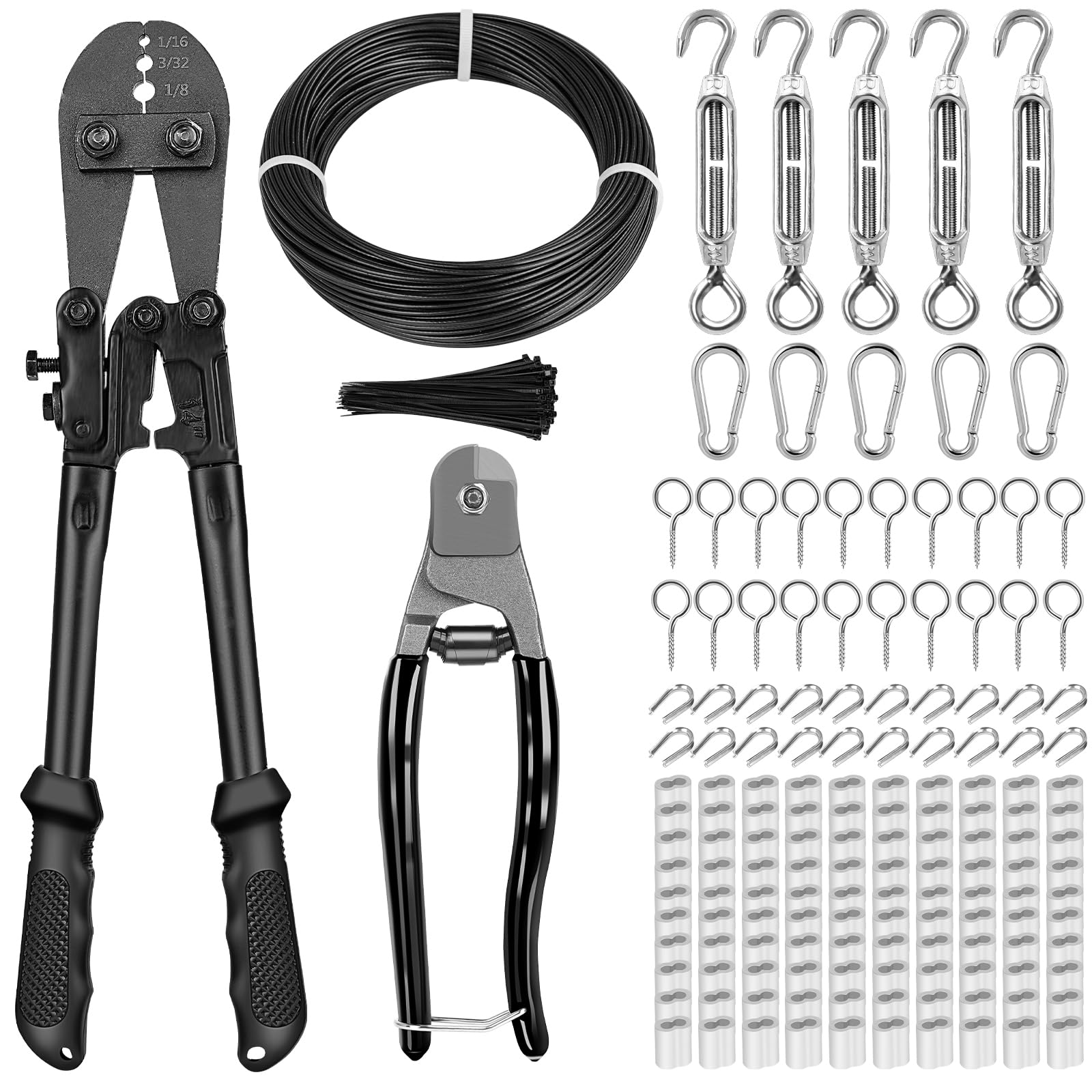 TooTaci Kit di crimpatura per funi metalliche, con cavo in acciaio inossidabile da 61 m, tagliafili, tenditore, ganci a vite, manicotti a crimpare e ditali, per appendere le luci delle corde