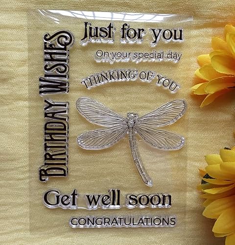 Miniatura 2 de GAOZONGTER Sellos transparentes de libélula con palabras de cumpleaños, diseño de deseos de cumpleaños, para hacer tarjetas, manualidades, álbumes
