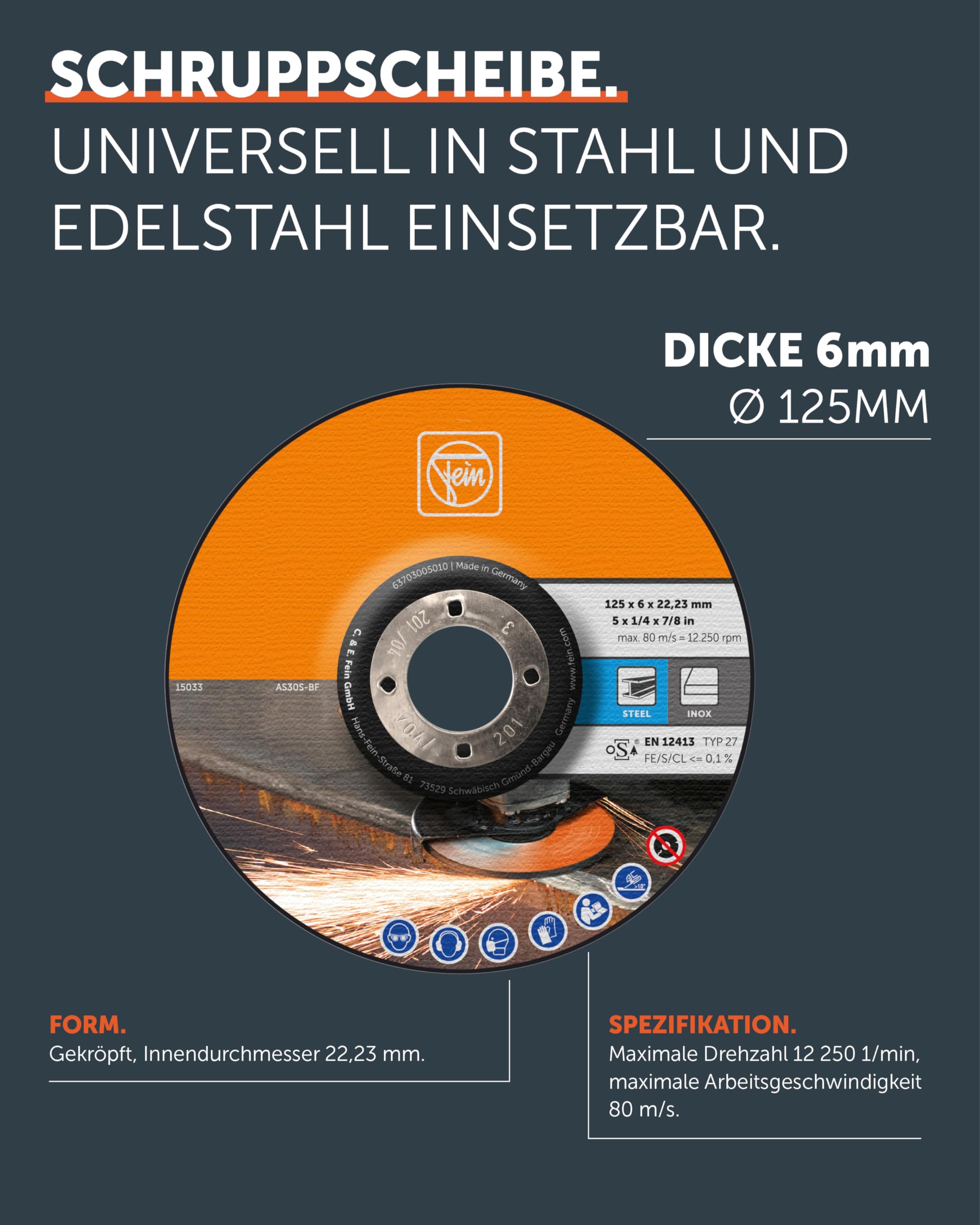 FEIN Meule à ébarber 125 mm 10 pièces pour Meuleuse d'angle Acier Inoxydable