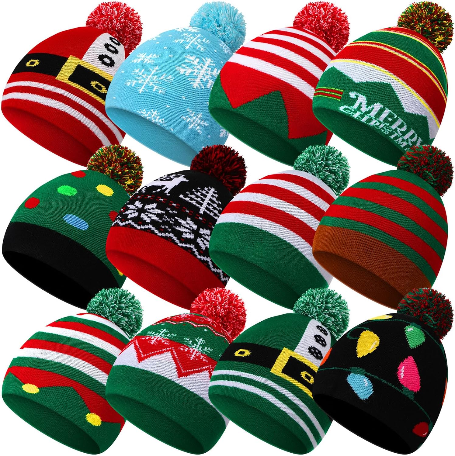 Mumufy 12 Pcs Christmas Beanie Hats Snowflake Pattern Hats Warm Stretch Winter Knit Hat for Men Women Adult Christmas Gifts