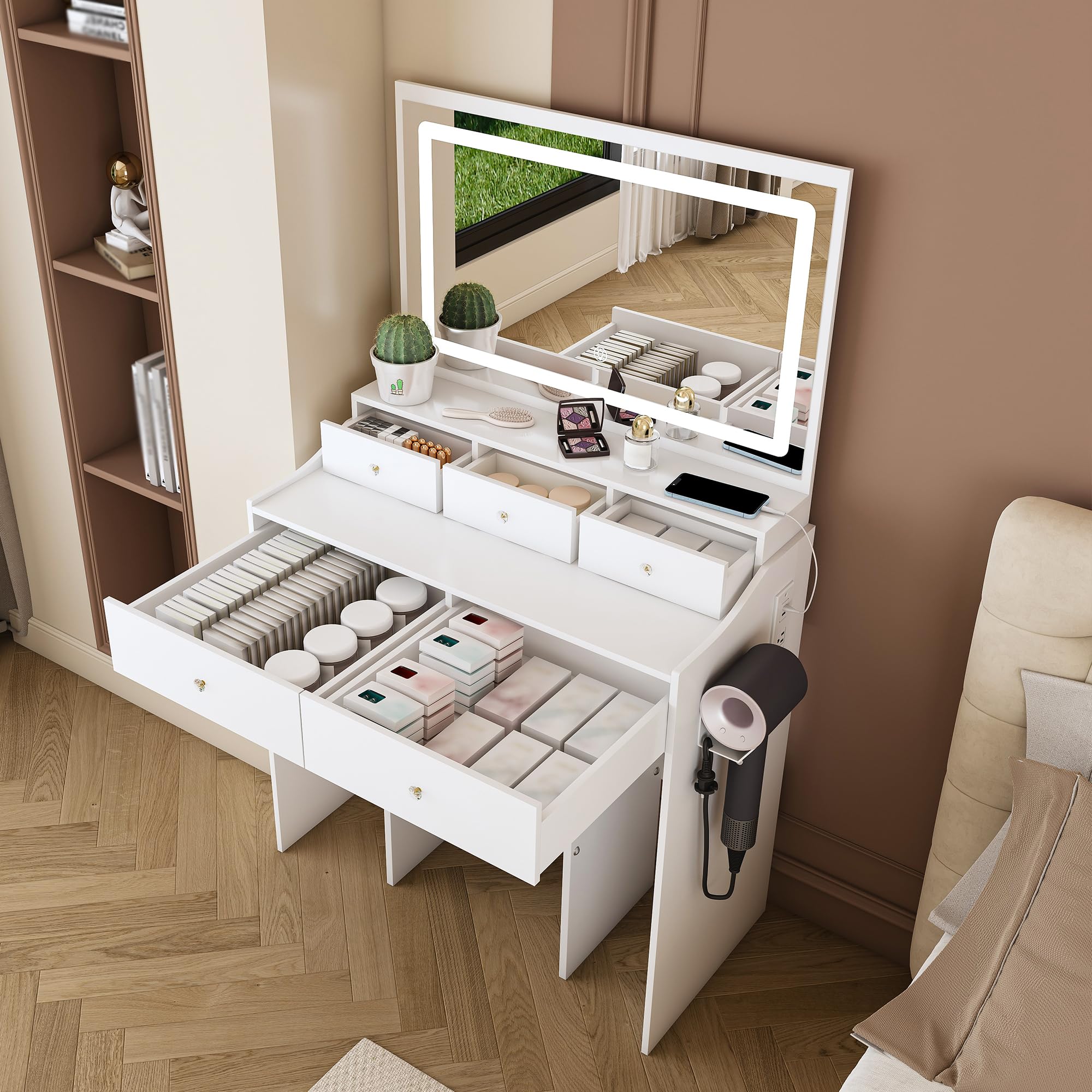 New Large Mirror Vanity Desk for Bed Room, Modern Makeup Vanity Set with Power Outlet and Hair Dryer Holder, 5 Drawers, 3 Lighting Color Adjustable Dressing Table for Bedroom (White)