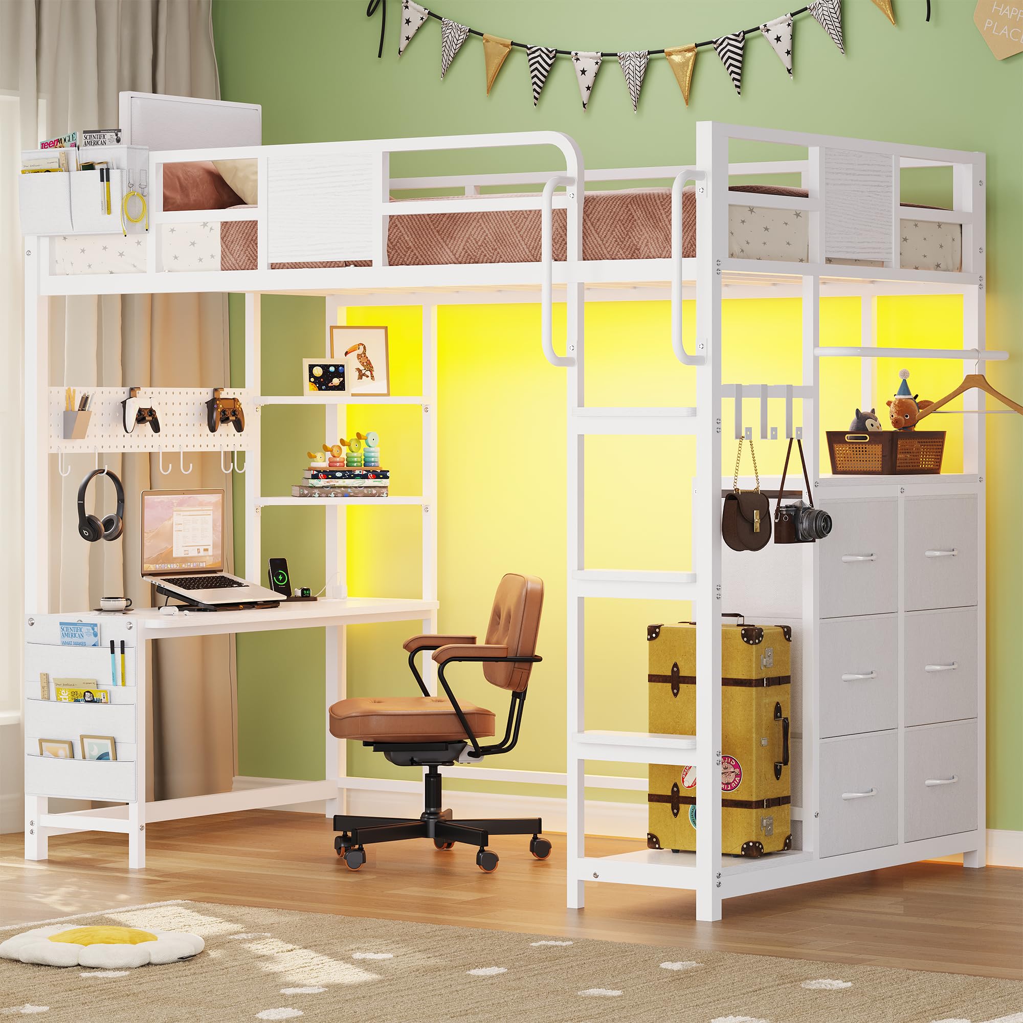 BYSAUD Loft Bed with Desk, Loft Bed Twin Size with 6 Storage Drawers & 4 Storage Shelves,Twin Loft Beds with LED Lights & Charging Station, Bunk Bed with Safety Guard, No Box Spring Needed, White