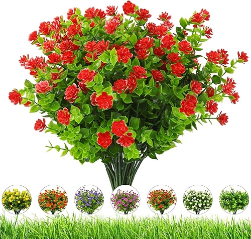 Flores artificiales para exteriores, 8 ramos resistentes a los rayos UV, flores falsas de plástico para exteriores, plantas verdes artificiales para