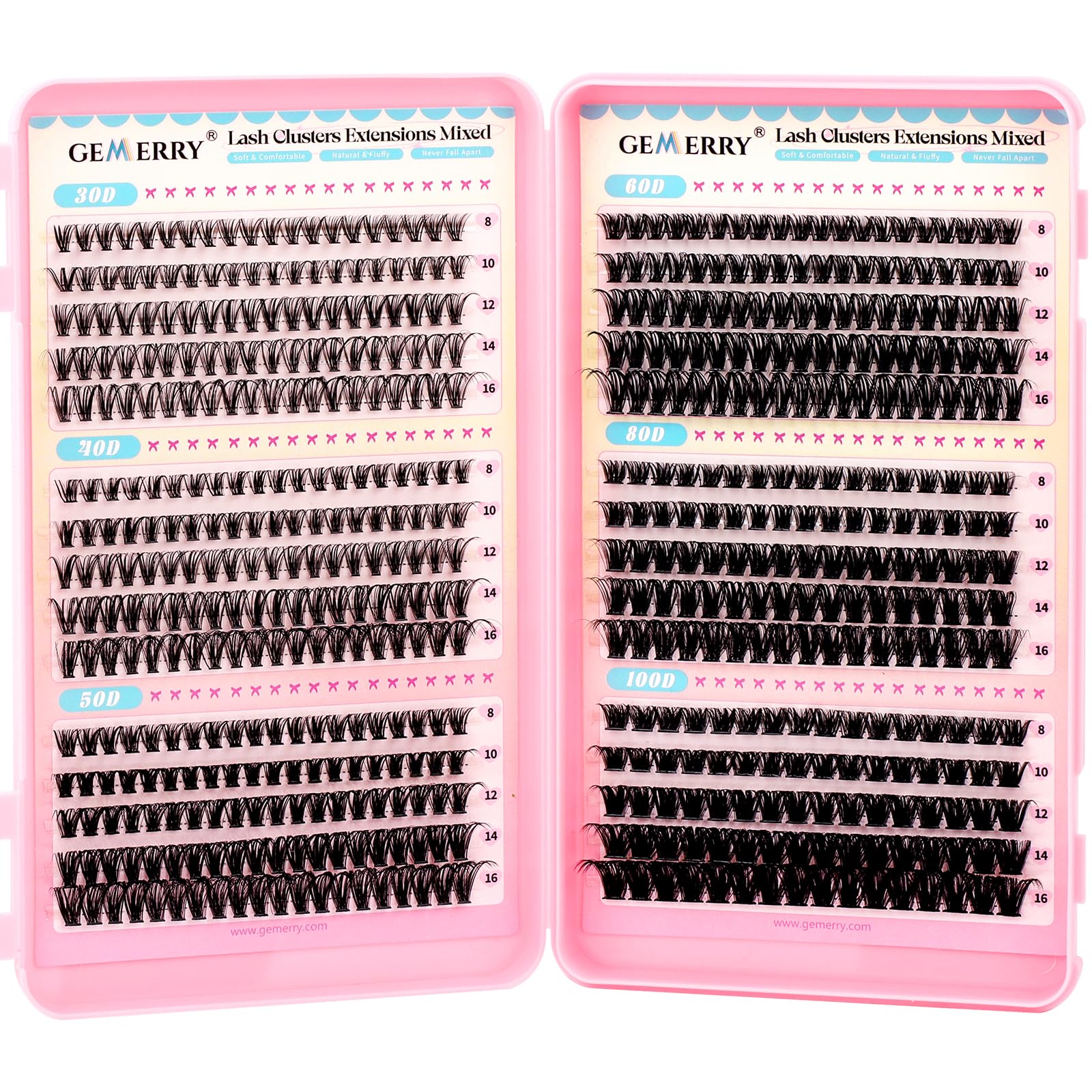 GEMERRY 565Pcs Lash Clusters D Curl Volume Eyelashes Clusters Extensions with Thin Band for DIY at home 30D