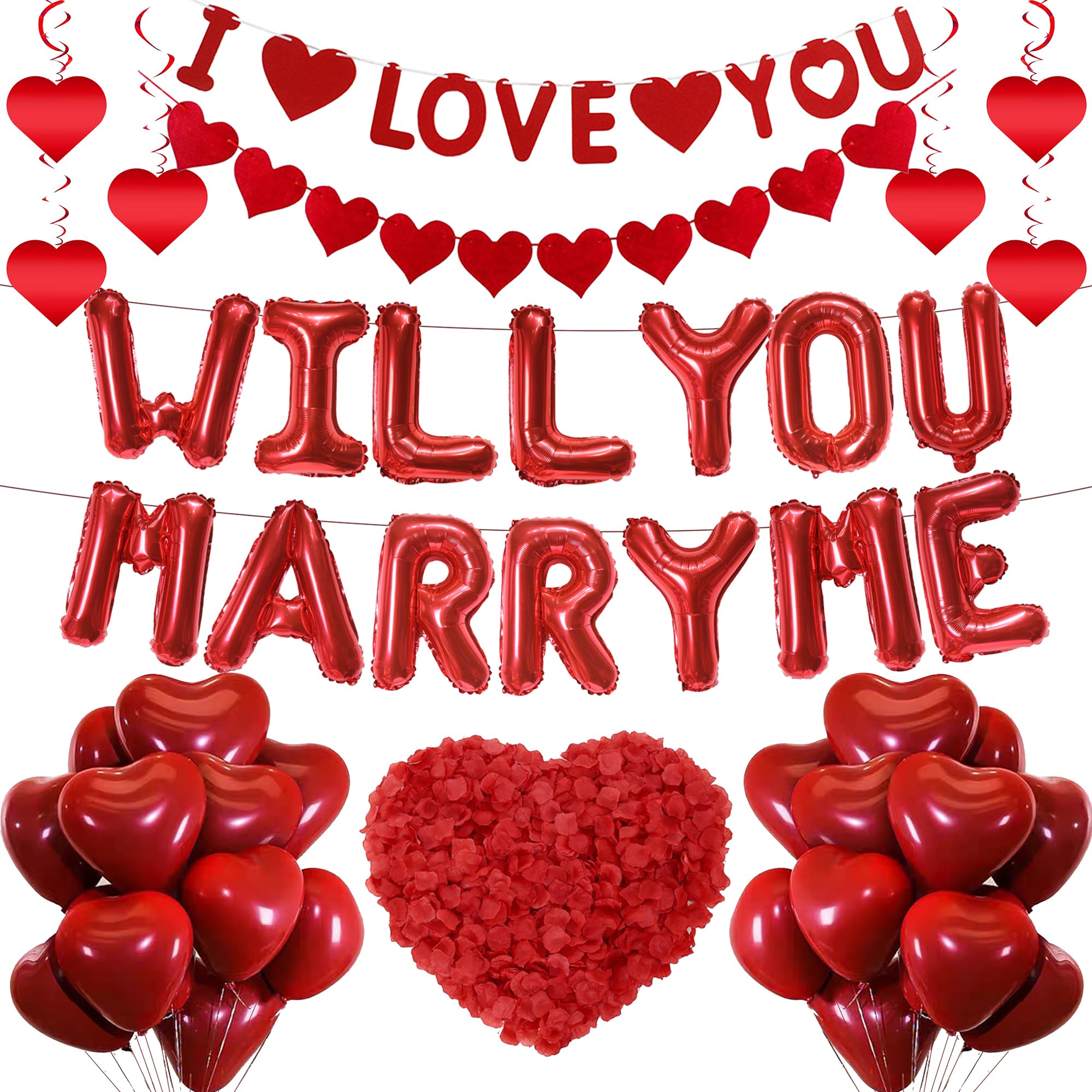Will You Marry Me Decorations - 46 Pcs Proposal Decoration I Love You Banner Red Heart Balloons Love Heart Hanging 500 Artificial Rose Petals For Romantic Valentine'S Day Supplies