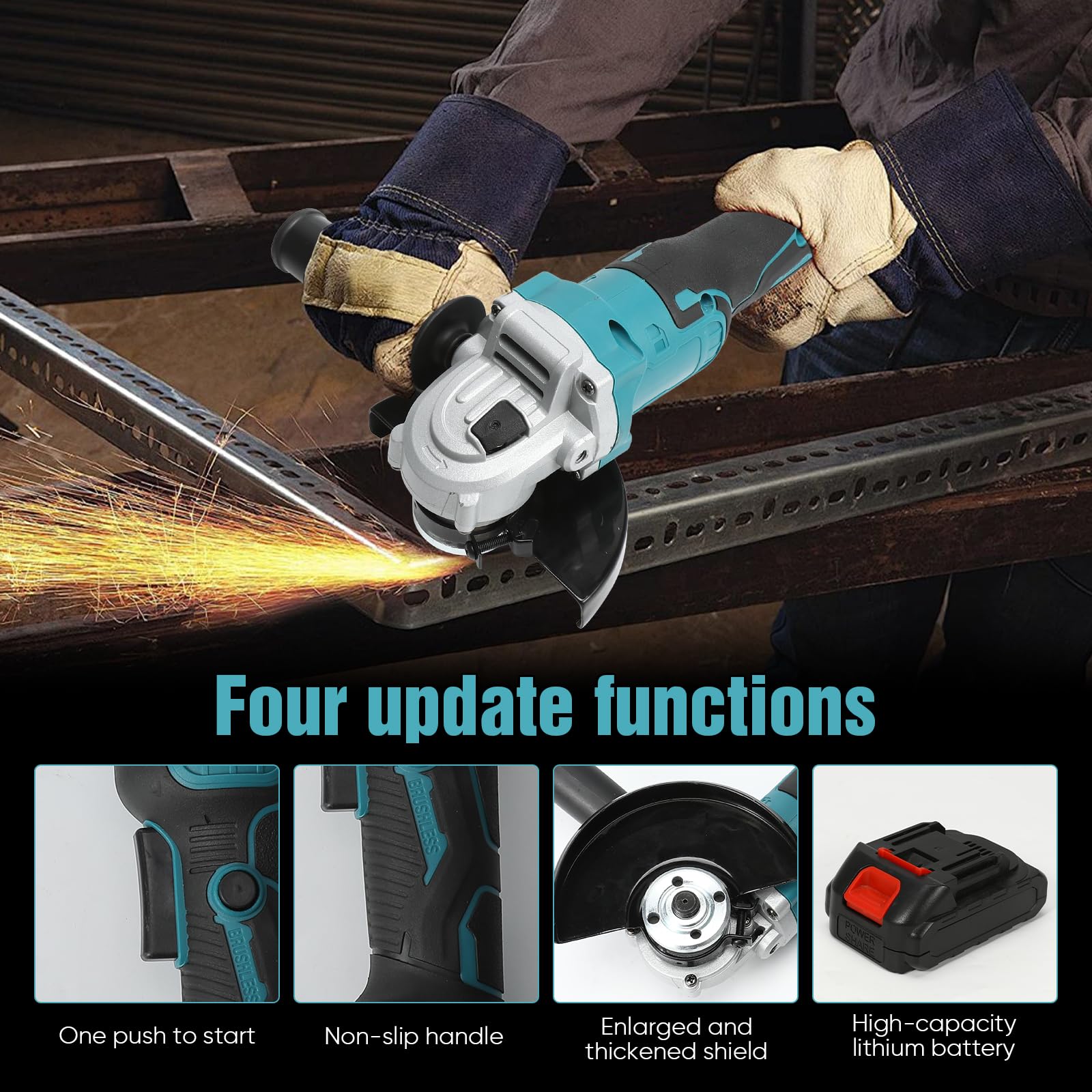 Meuleuse d'angle sans fil Compatible avec batterie Makita 18 V, 100/125 mm 12000 RPM meuleuse d'angle sans fil avec moteur sans balais et couvercle de disque de ponçage (125MM)