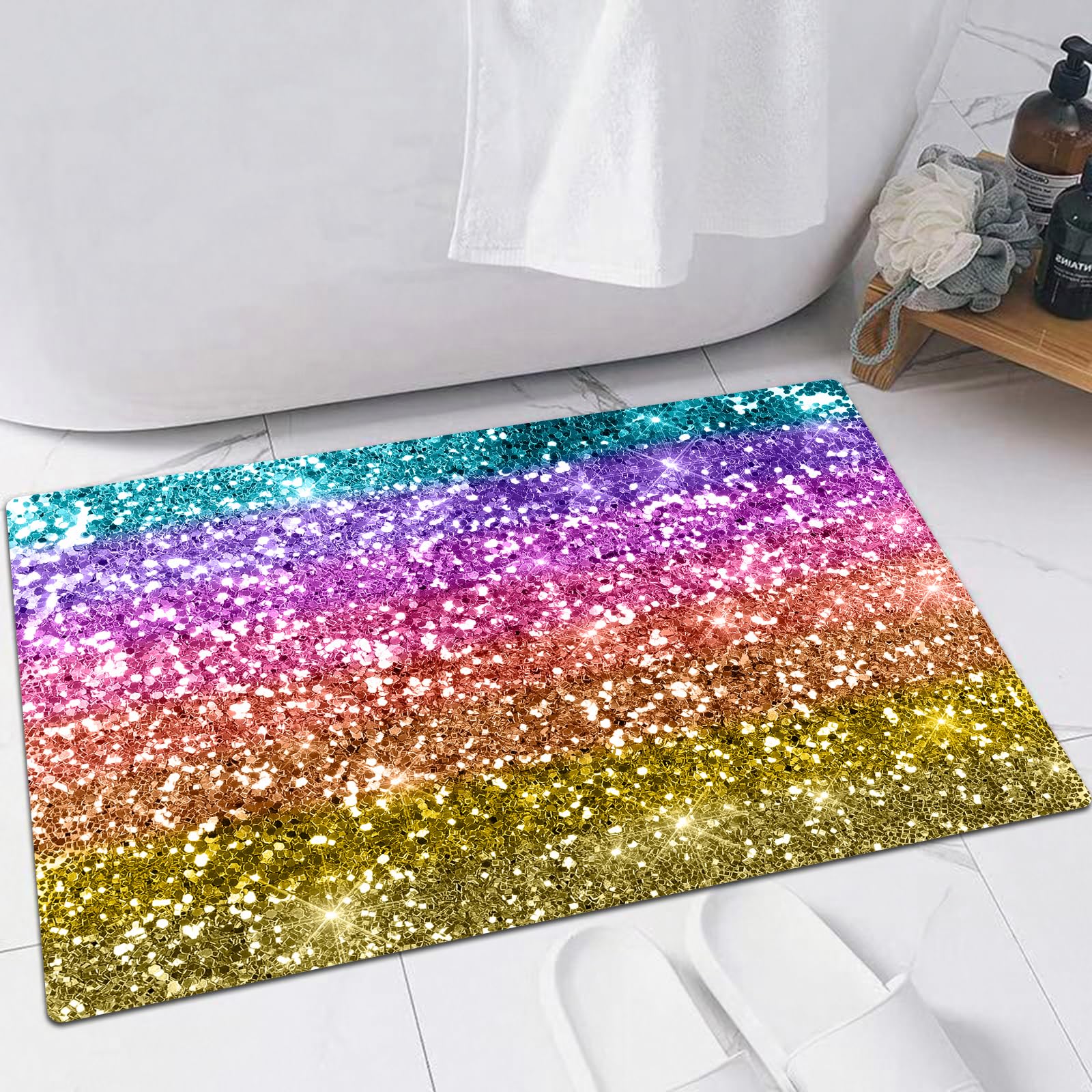 EMFSLA Bath Mat 24x35 in,Rainbow Glitter Background,Non-Slip Bathroom Mat Machine-Washable,Ultra Soft and Water Absorbent Bath Rug for Bathroom