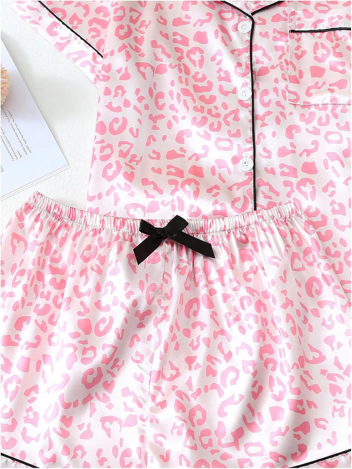 Women's Silk Satin Pajama Set Leopard Print Sleepwear Cheetah Short Sleeve Button Down Pjs Shorts Loungewear - Image 5