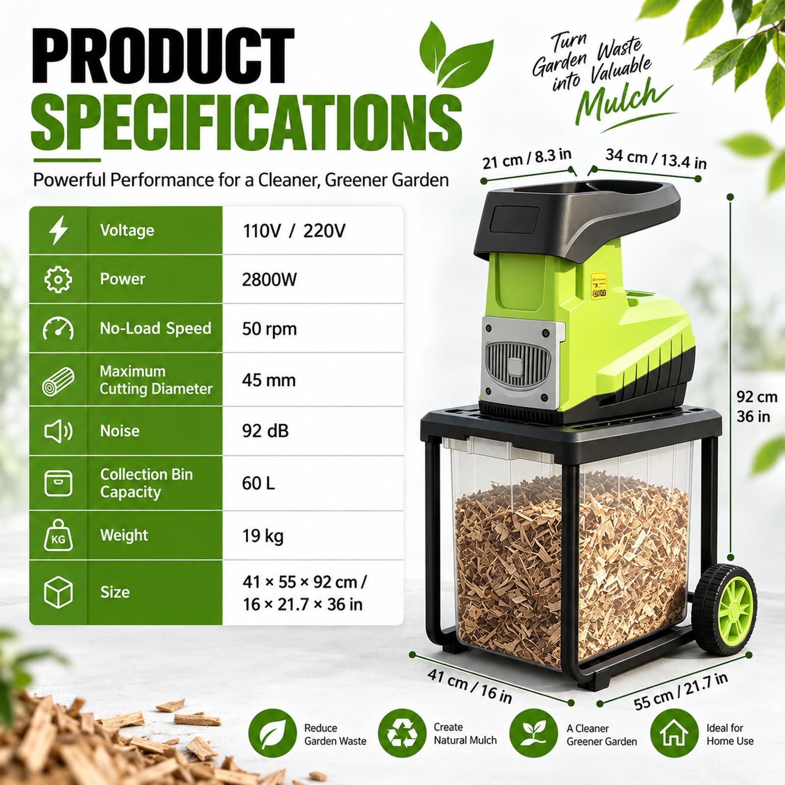 Broyeur Végétaux Électrique 2800W, Diamètre 45mm