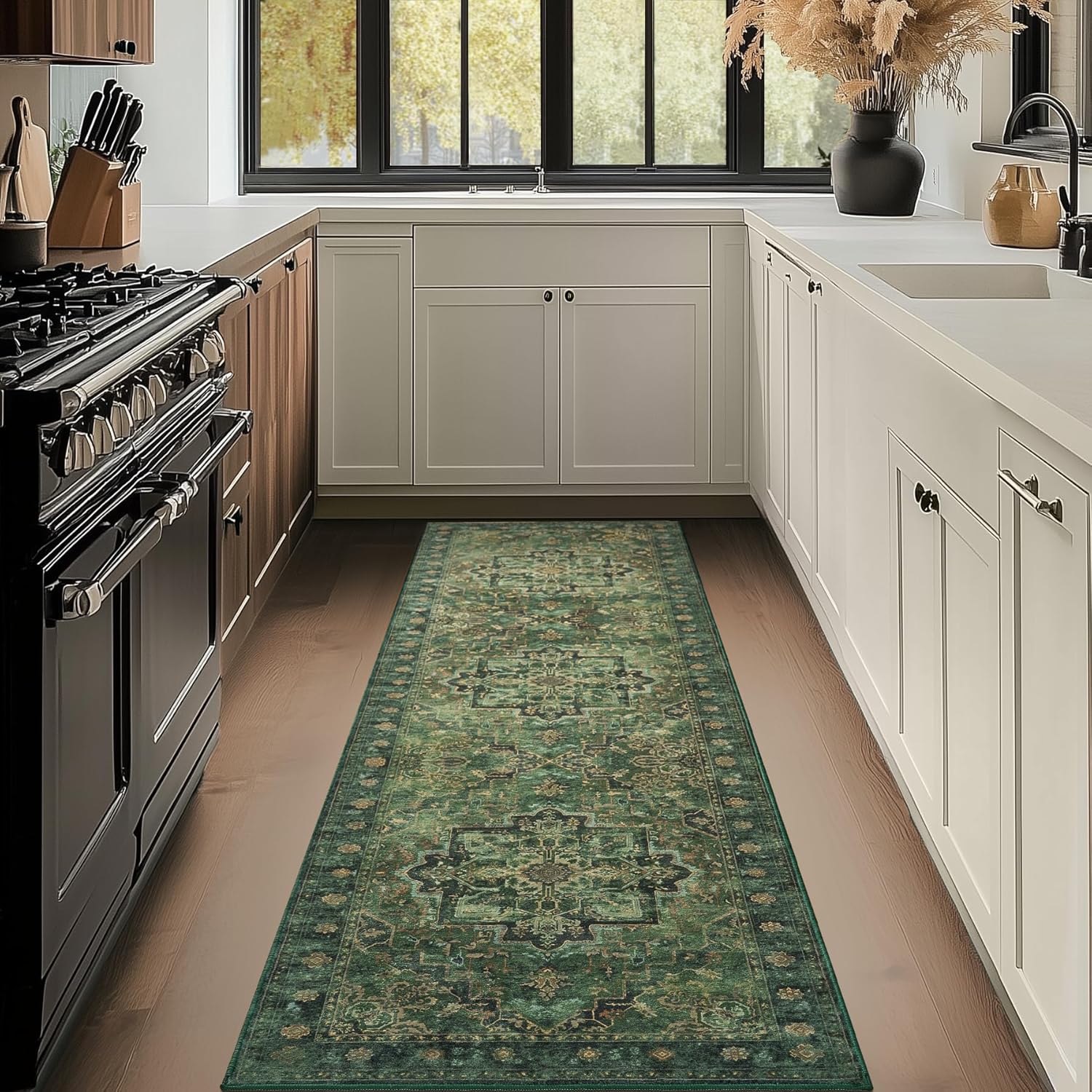 Tranditional Medallion 2x8 Dark Green Runners for Hallways Entryway, Low Pile Washable Non Slip Distressed Printed Carpet Runner Rug 8ft for Kitchen/Bedroom Bedside/Laundry Room/Bathroom