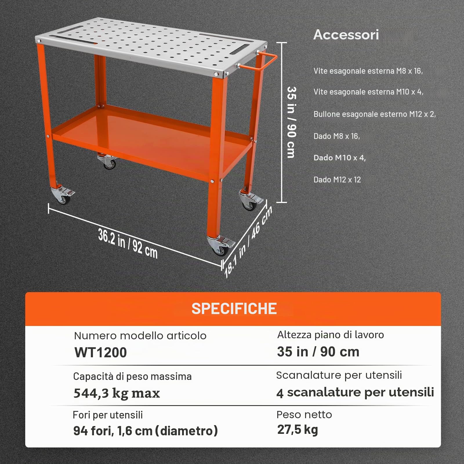 VEVOR Tavolo da Saldatura Lavoro Saldatore in Acciaio al Carbonio Capacità Carico Max. 544kg, Banco di Lavoro per Saldatura 91,4 x 45,7 cm da Officina Garage, Tavolo da Saldatura 94 Fori Portautensili