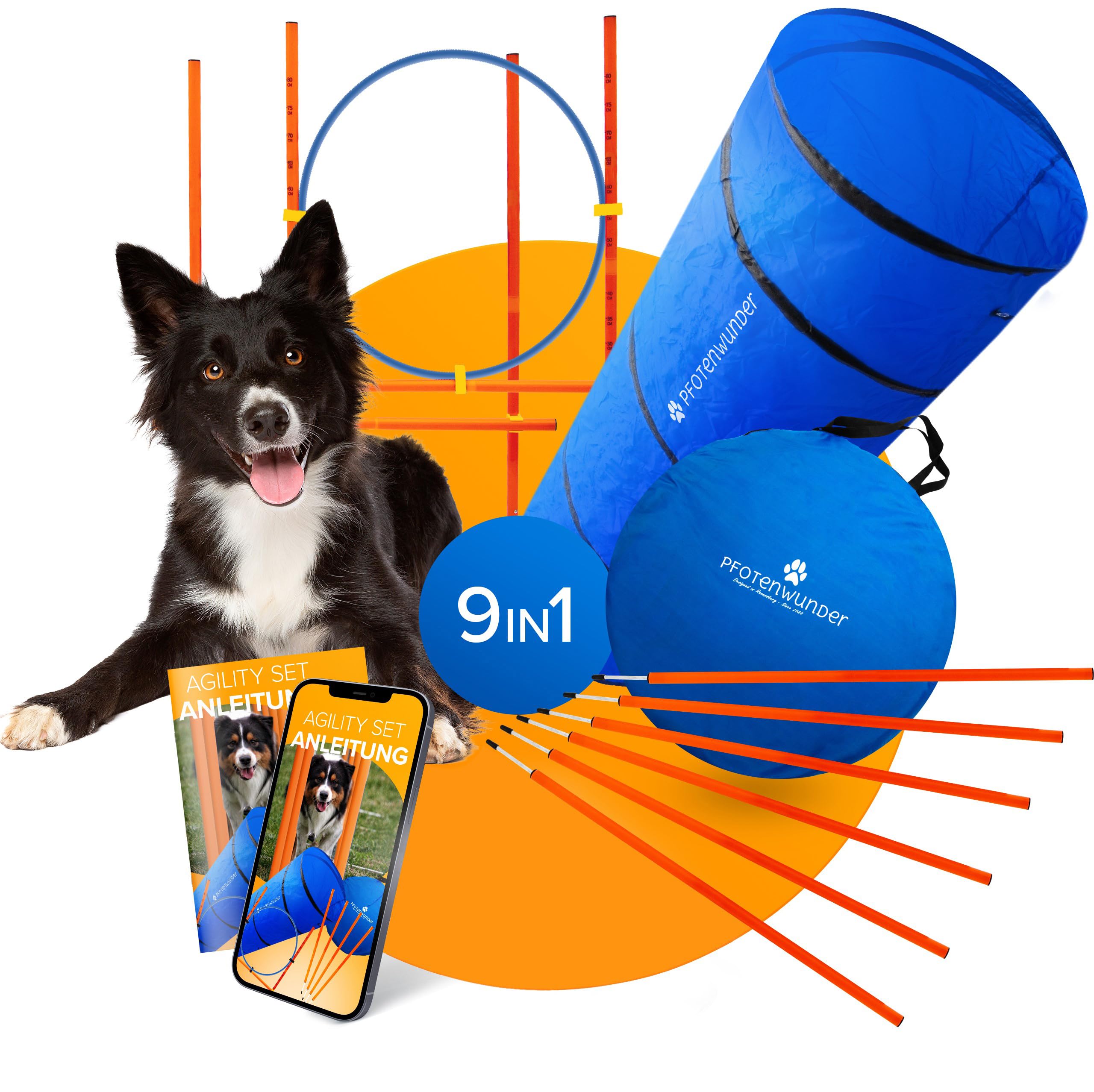 PfotenWunder® "9-in-1 - Agility Set Hunde groß + 21 Min. HUNDESCHULE - 6 Slalomstangen, 1 Tunnel, für kleine & große Hunde, Training Sport Spielzeug Cavaletti Parcour Steckhürdenset Zubehör Hürden