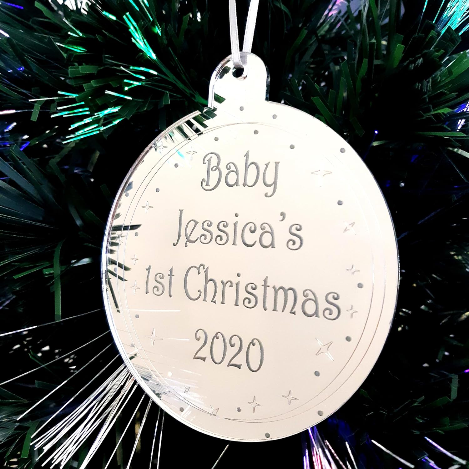 Bauble "Baby's 1st Christmas" Personalised Engraved Christmas Tree Decorations, Many Colours & Sizes (Bronze Mirror, 8.5cm)