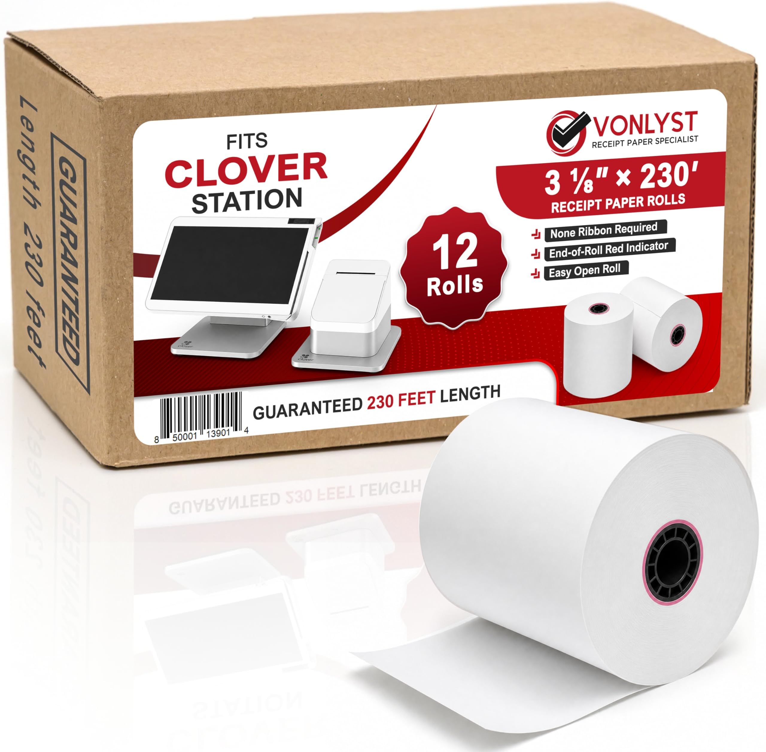 Clover Station Receipt Paper Rolls 3 1/8" x 230' (12 Pack) โ Thermal Paper for Clover Station & Duo C505, Compatible P100 P500 P550 โ BPA Free POS Printer Paper