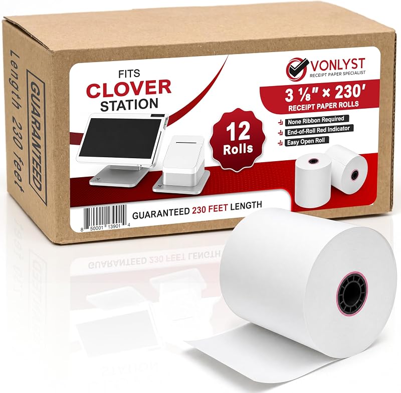 Clover Station Receipt Paper Rolls 3 1/8" x 230' (12 Pack) – Thermal Paper for Clover Station & Duo C505, Compatible P100 P500 P550 – BPA Free POS Printer Paper