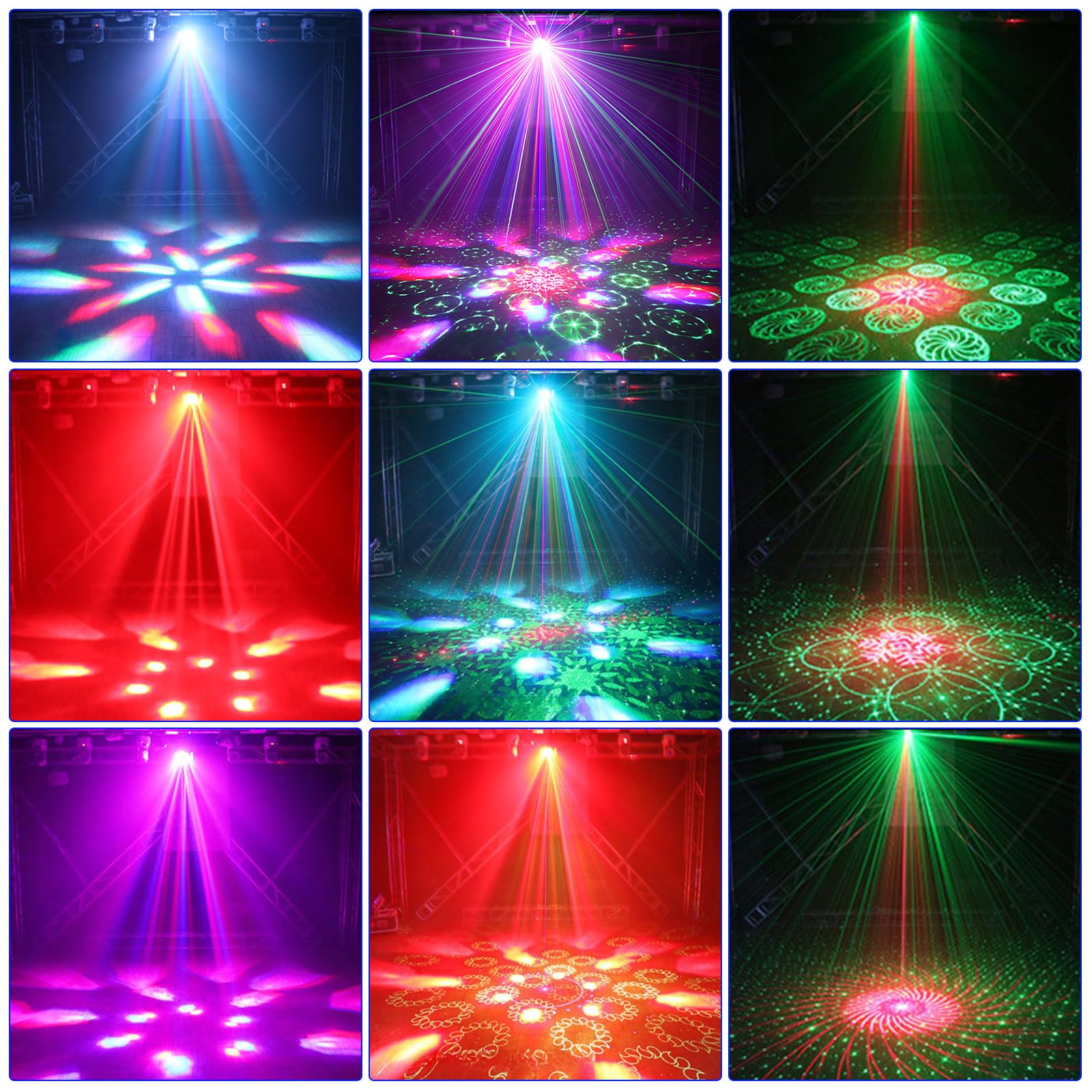 Party-Lichter, Disco-Licht, DJ-Lichter, 4in1 LED-Stroboskop-Bienenaugen-Waschlichter und rot-grüner Strahl-Gobos-Effekt, 16-Kanal-DMX mit aktiviertem Ton für die Weihnachts-Halloween-Party