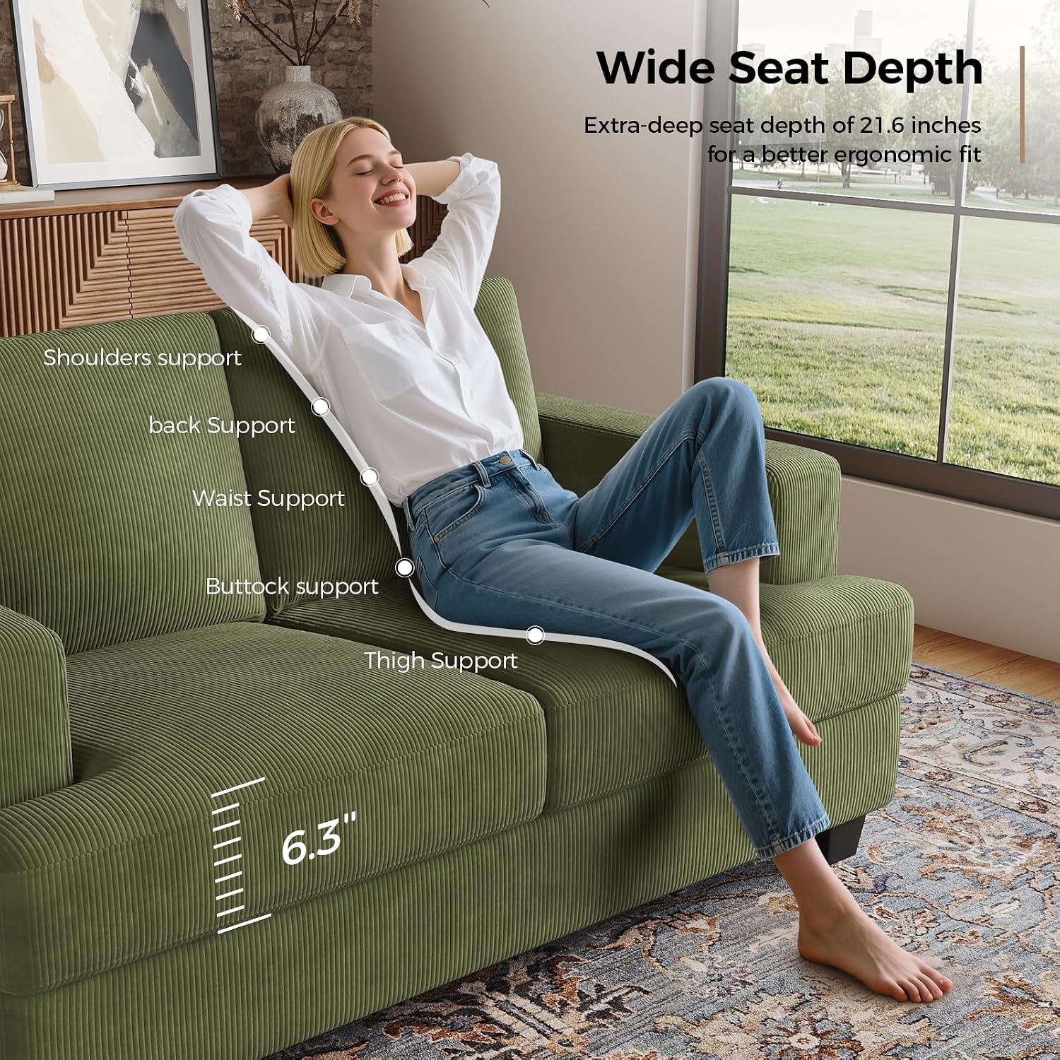 COPIAE 63 Inch Sofa with Extra Deep Seats Oversize, Corduroy Fabric 2 Seater Sofa for Living Room,Modern Couch and Loveseat, Comfy Armrests and Seats and Backrests, Easy Installation, Green