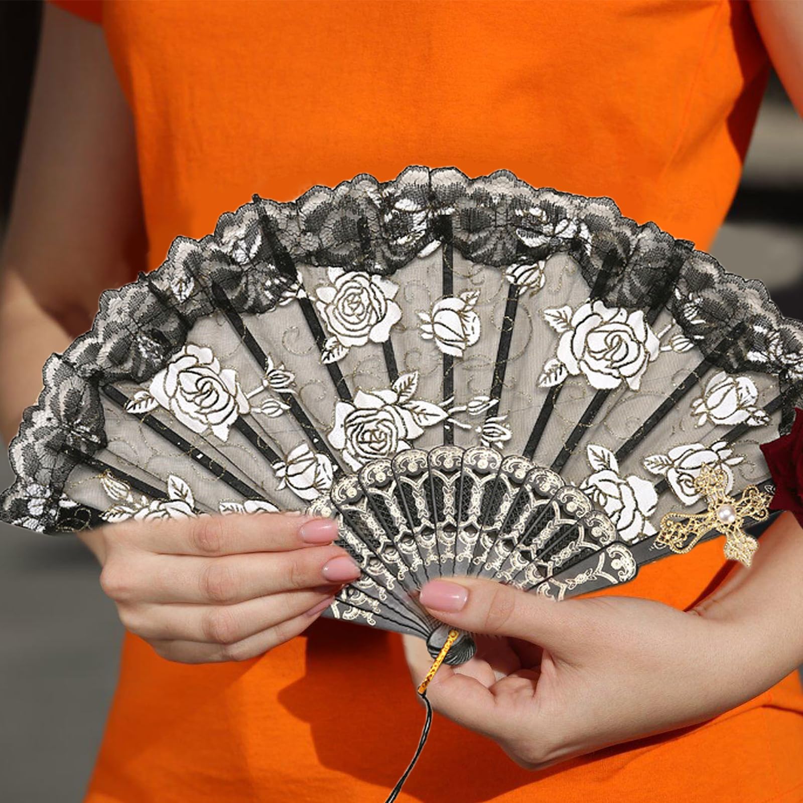 Éventail Pliant En Dentelle Rose Avec Pompon, Accessoires