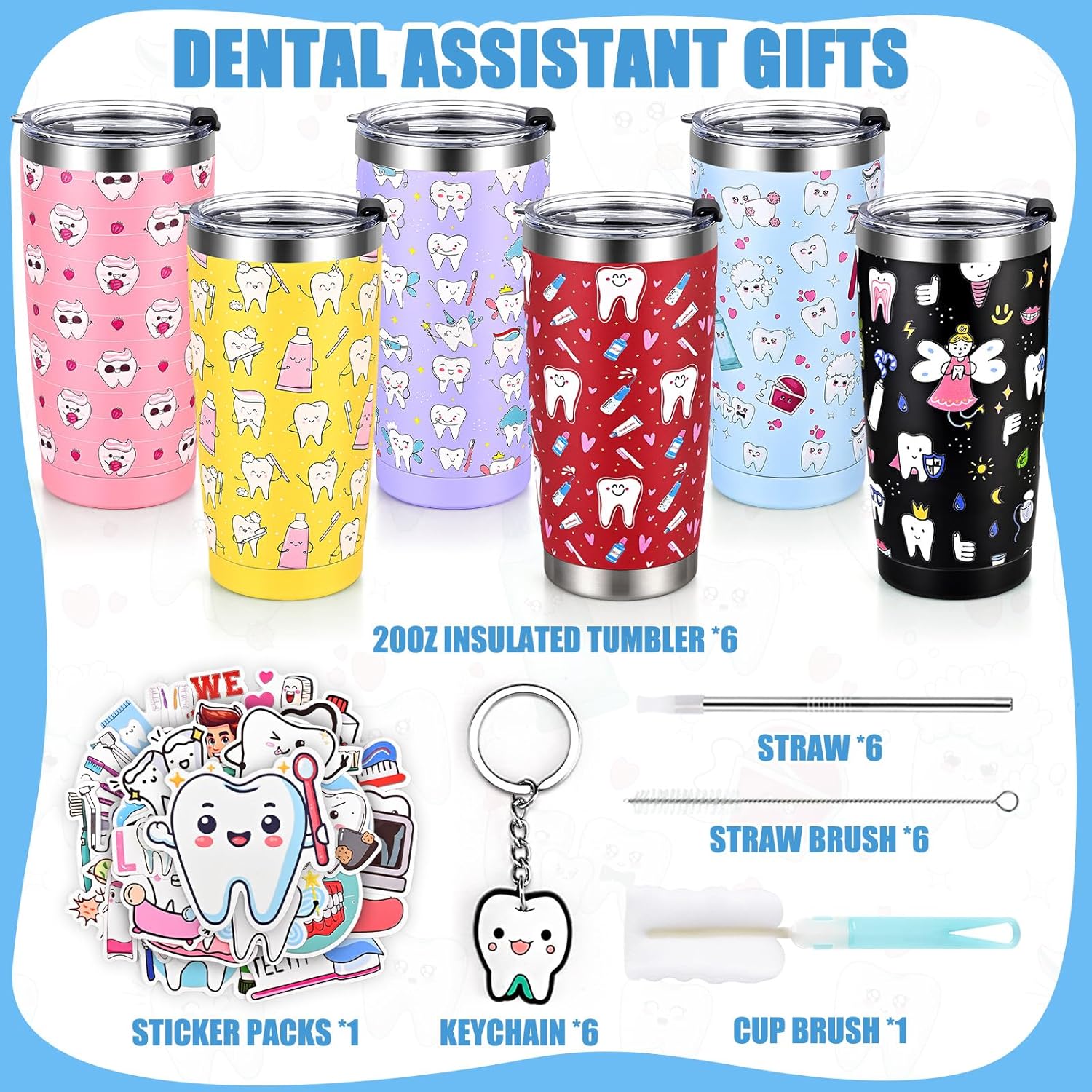 Lifecapido 13Pcs Dental Assistant Gifts, Dental Hygienist Gifts Bulk for Coworkers Doctor Nurse, 20oz Tumbler with Lid & Straw, Tooth Keychains, Stickers for Appreciation Week(Multicolor) - Image 6