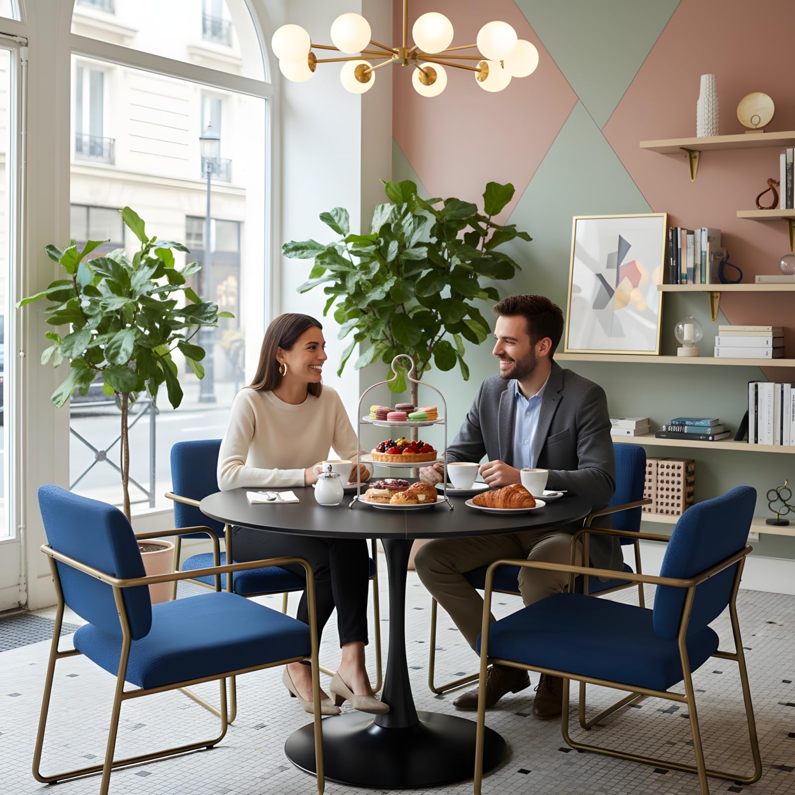 Tavolo da pranzo rotondo nero, 110 cm, tavolo da cucina rotondo per 4-6 persone, stile moderno, base centrale in metallo stabile, per cucina, sala da pranzo, soggiorno, balcone, ufficio, nero