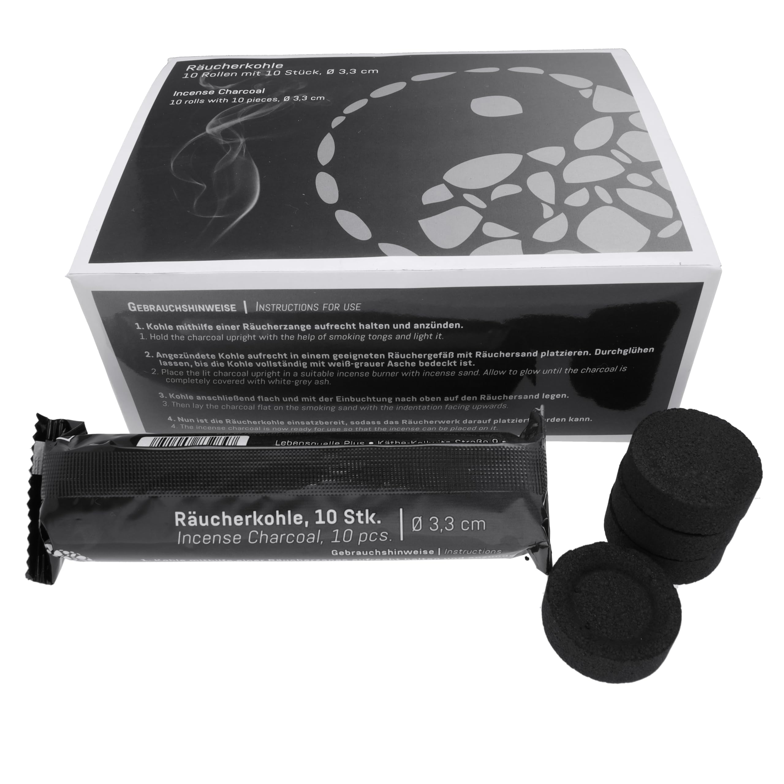 Räucherkohle Kokoskohle 33 mm – Großpack 10 Rollen (100 Tabletten) | Selbstzündende Kohletabletten mit Mulde | Gleichmäßige Glut | Schwarze Rollen im Karton