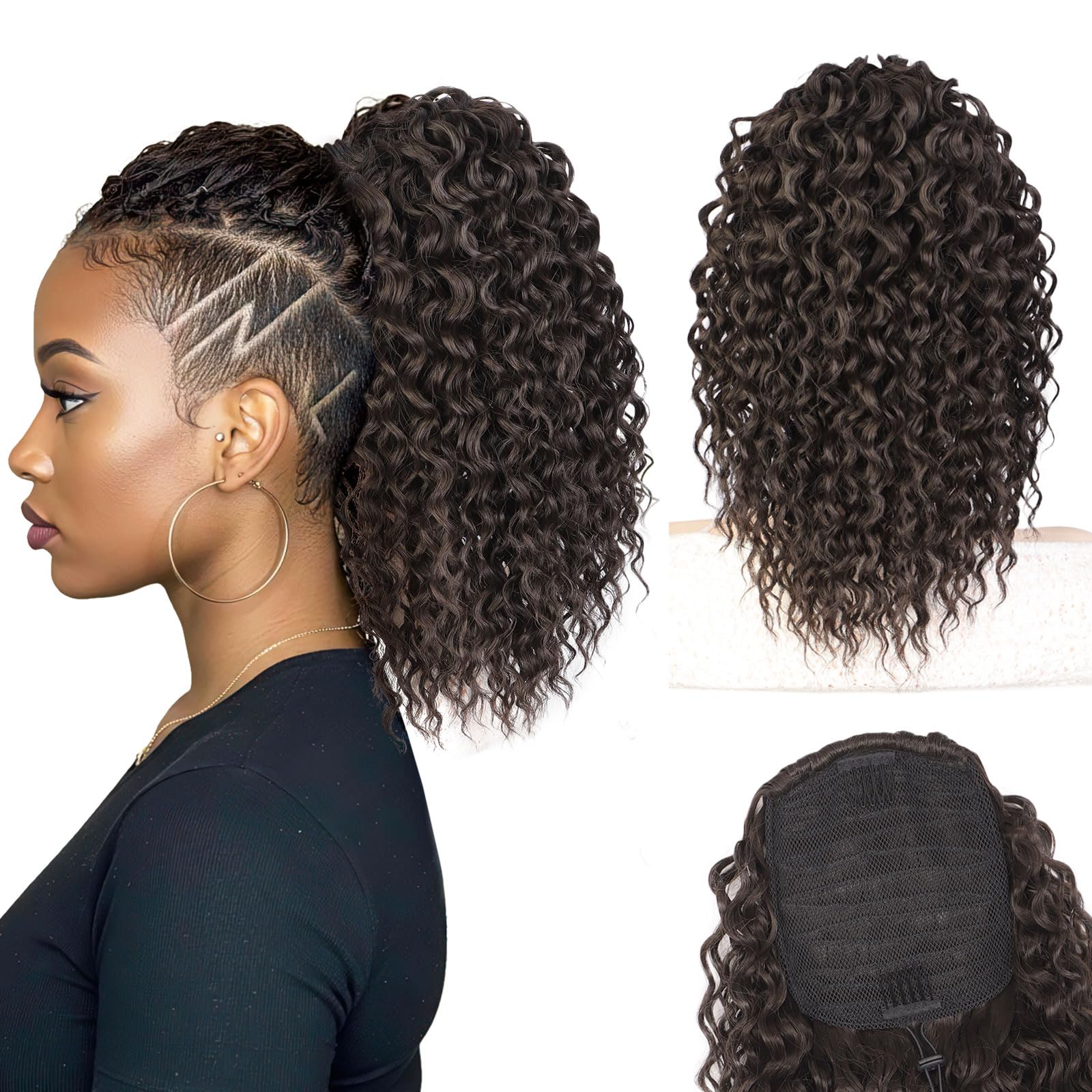 Stamped Glorious Curly Ponytail Extension 14 Inch Drawstring Ponytail for Women Synthetic Short Fluffy Pony Tail for Daily Use(Dark Brown)