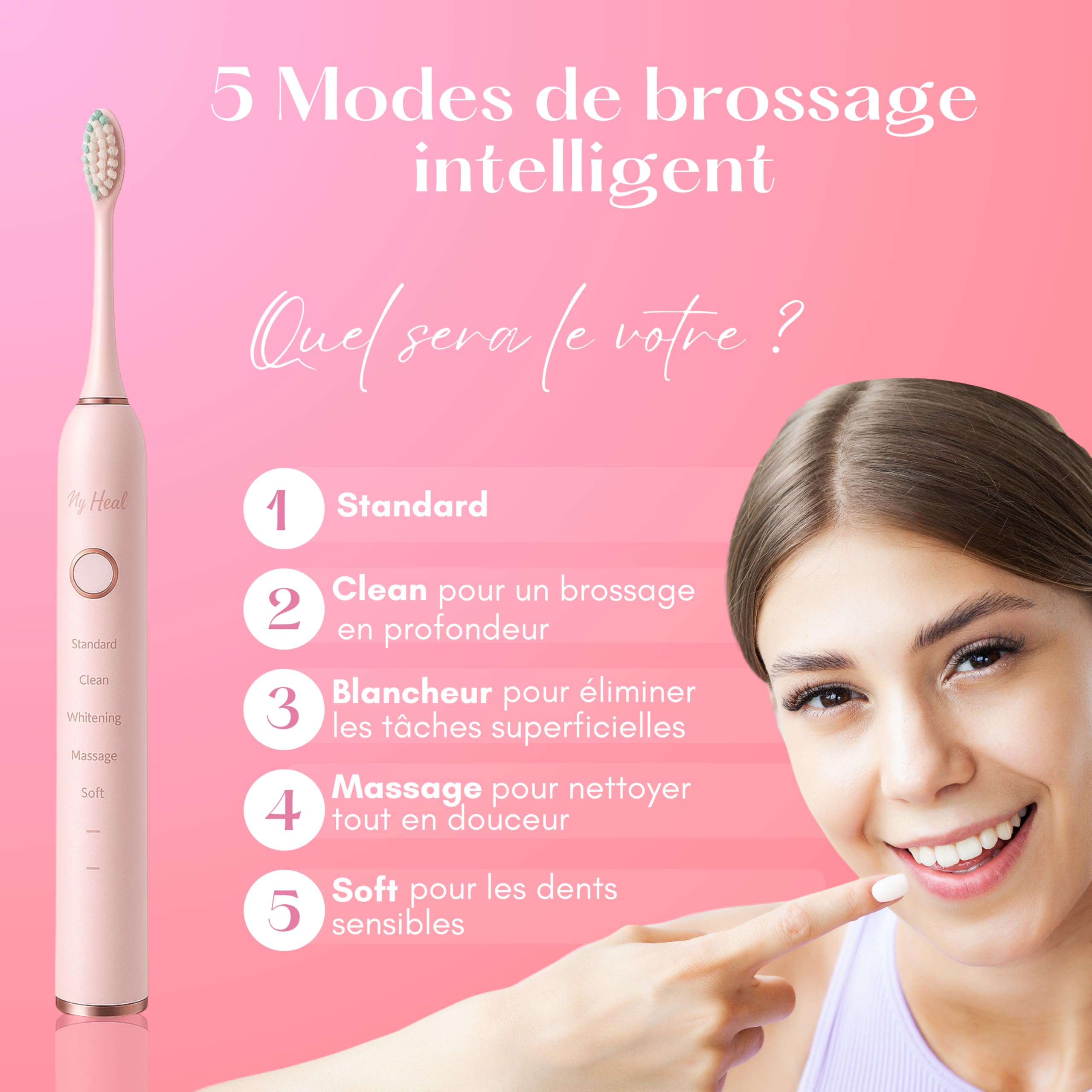 * MY HEAL* | Spazzolino da denti elettrico sonico | 3 mesi di autonomia | 5 modalità di spazzolatura con timer da 2 min integrato | Ricaricabile USB | Confezione 1 Spazzolino a dente e 2 testine di