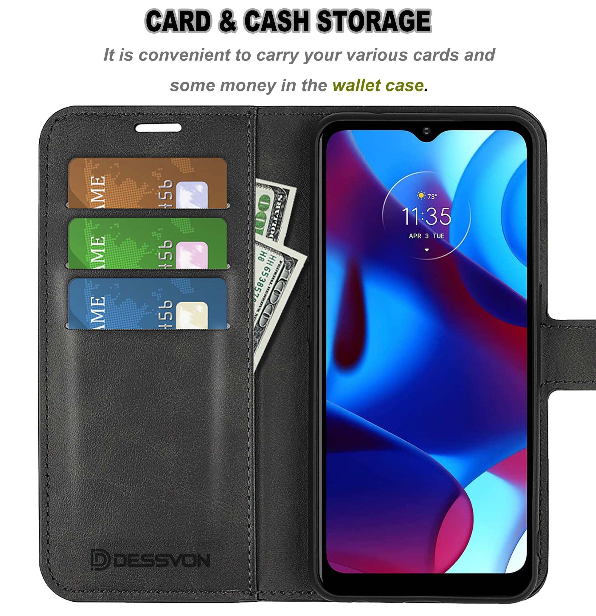 D DESSVON Moto G Pure Phone Case Wallet Black, Motorola Moto G Pure Leather Flip Case with Card Holder Kickstand Magnetic Closure Slim Leather Smart Phone Case Cover for Moto G Pure