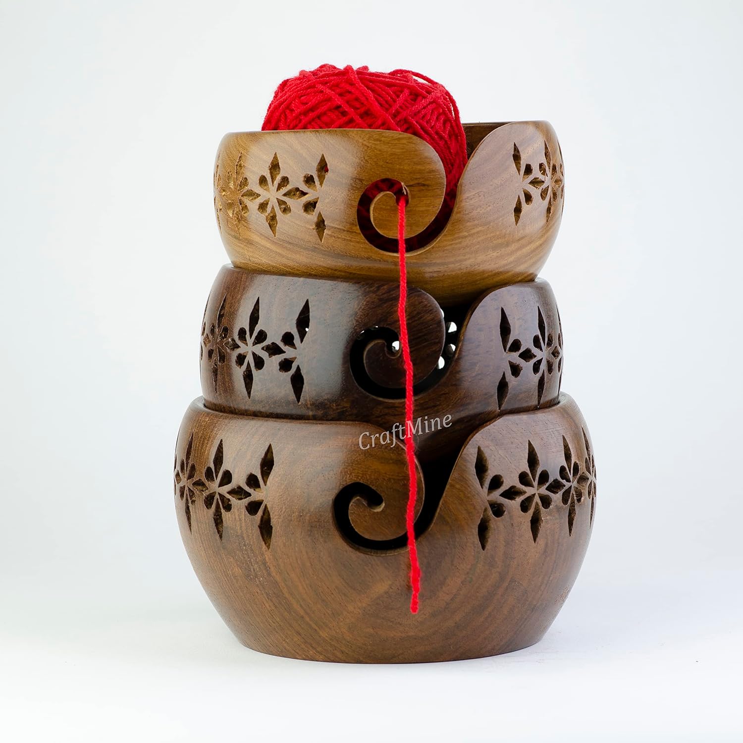 Craft Mine Premium Rosewood Crafted Yarn Bowl | Handmade Yarn Ball/Skein Storage Bowl with Carved Holes & Drills | Knitting Crocheting Accessories (Small)