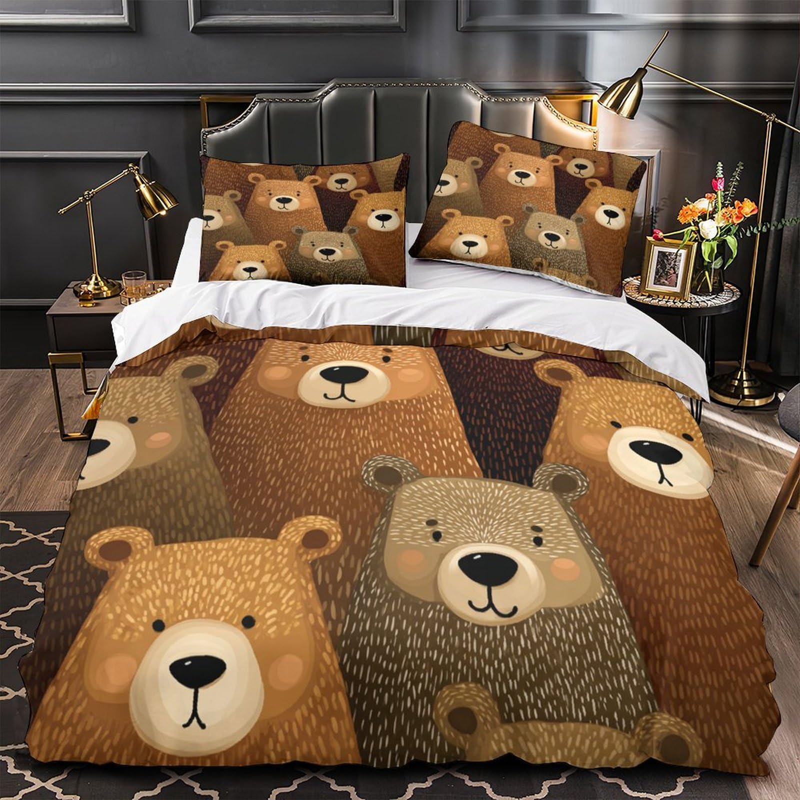 MMDASBVPE Cute Bear Faces Comforter Cover 3D Design Printed Extra Soft 3 Piece Bedding Set Zipper Duvet Cover Hotel Quality Breathable for Kids Teens Adults Women Youth Teenagers Single（135x200cm）