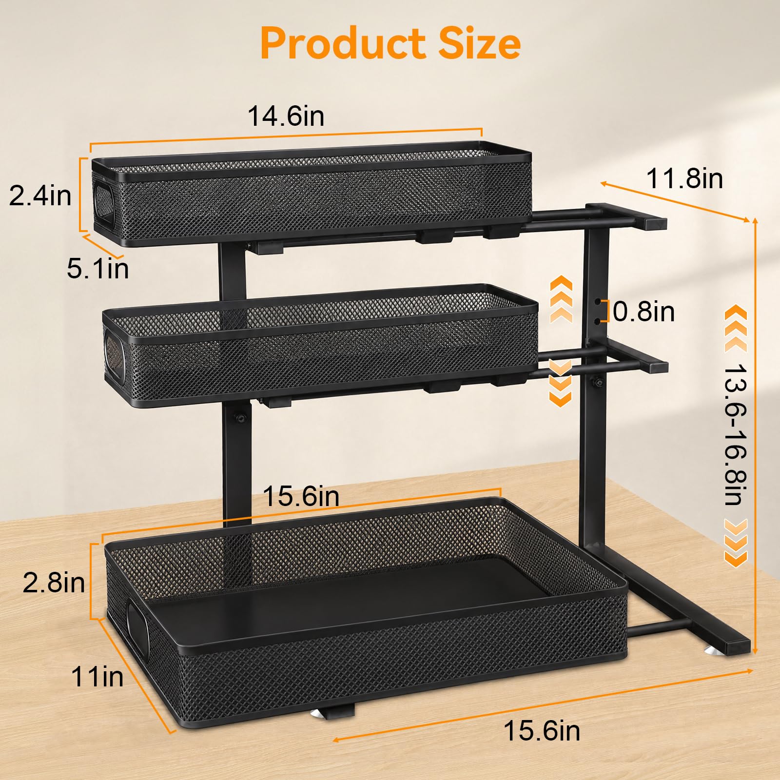 Organizador debajo del fregadero para baño, 3 niveles de altura ajustable debajo del fregadero, estante organizador de gabinete deslizante extraíble, organizador de gabinete multiusos de metal