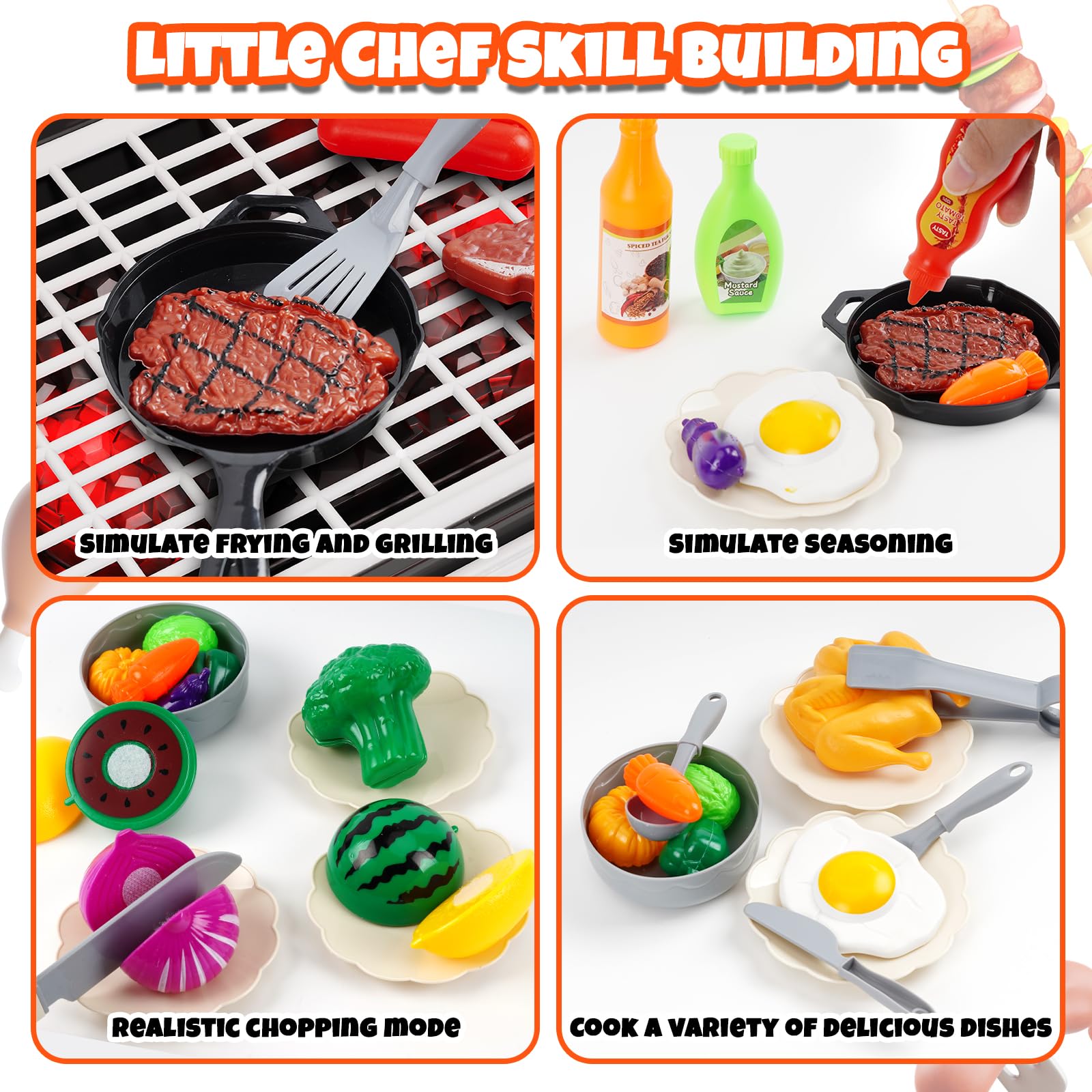 Set De Barbacoa De Juguete 45 Piezas | Cocina De Madera Con Parrilla Y Menús | Juego De Rol Chef Para Niños De 3 A 5 Años