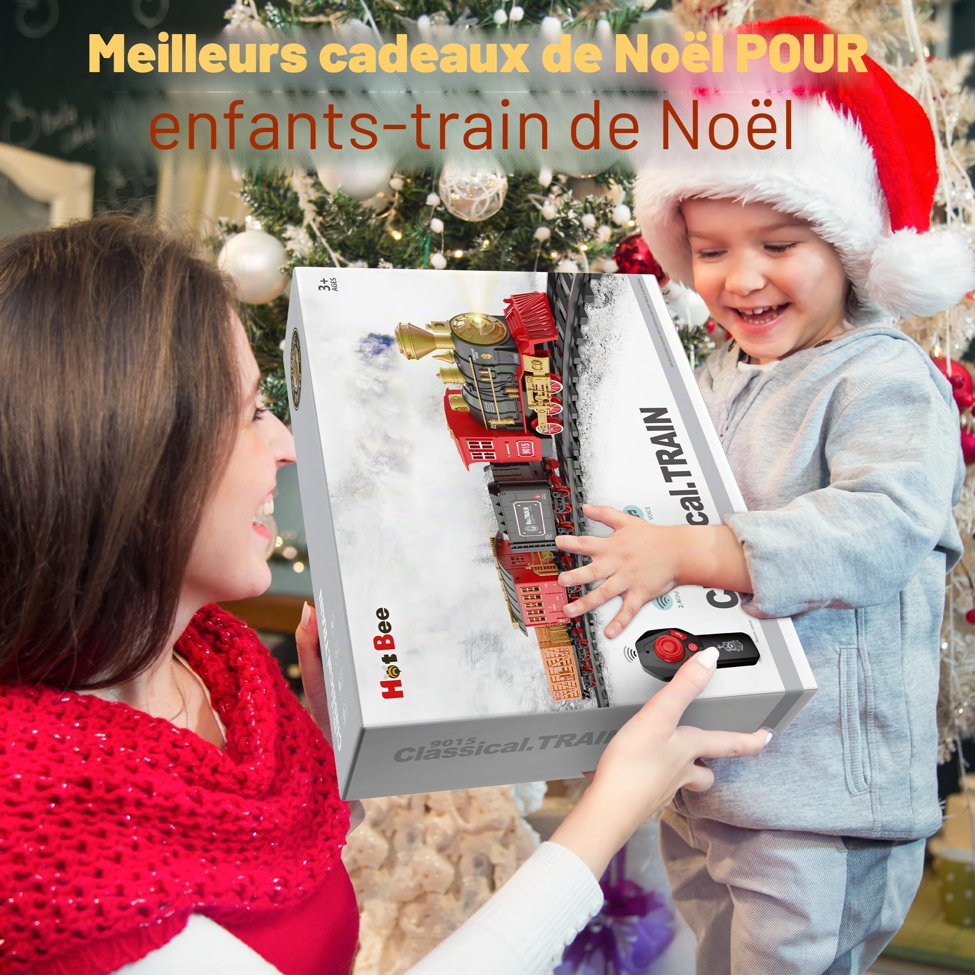 Hot Bee Train Électrique Enfant Télécommandé avec Piste de Luxe, Train Électrique Noël pour Sapin