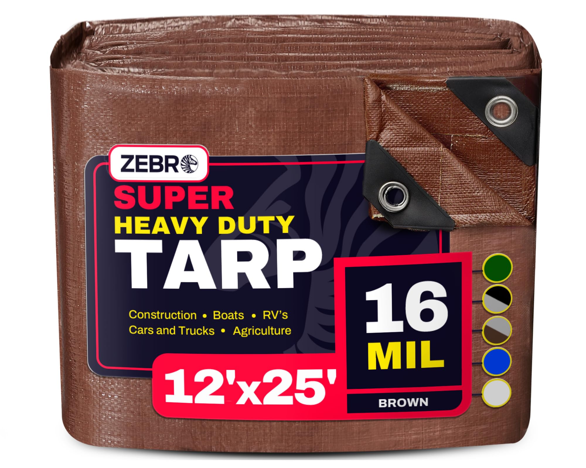 12' x 25' Brown Heavy Duty Tarp with Grommets Reinforced - 16 Mil Thick - Double Sided Plastic Tarps Waterproof - Large Tarpaulin Cover for Outdoor