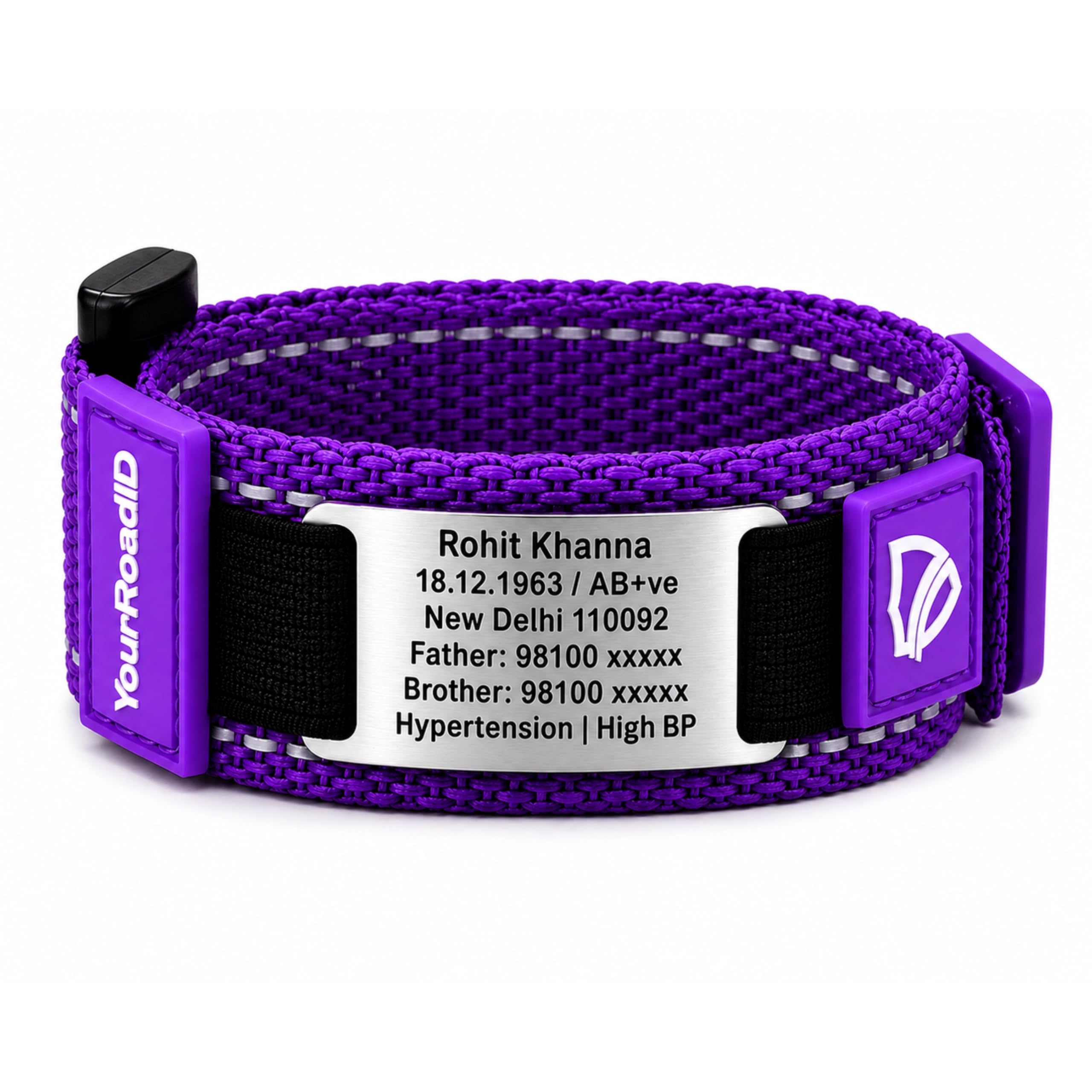 MY ROAD ID Sports Medical Alert Band – Quick-Adjust Nylon Strap with Velcro & Slim Stainless Steel ID Plate – Sweatproof Emergency Band for Athletes, Name, Blood Group, Allergies (Fits 5-10" Wrists)-image-13