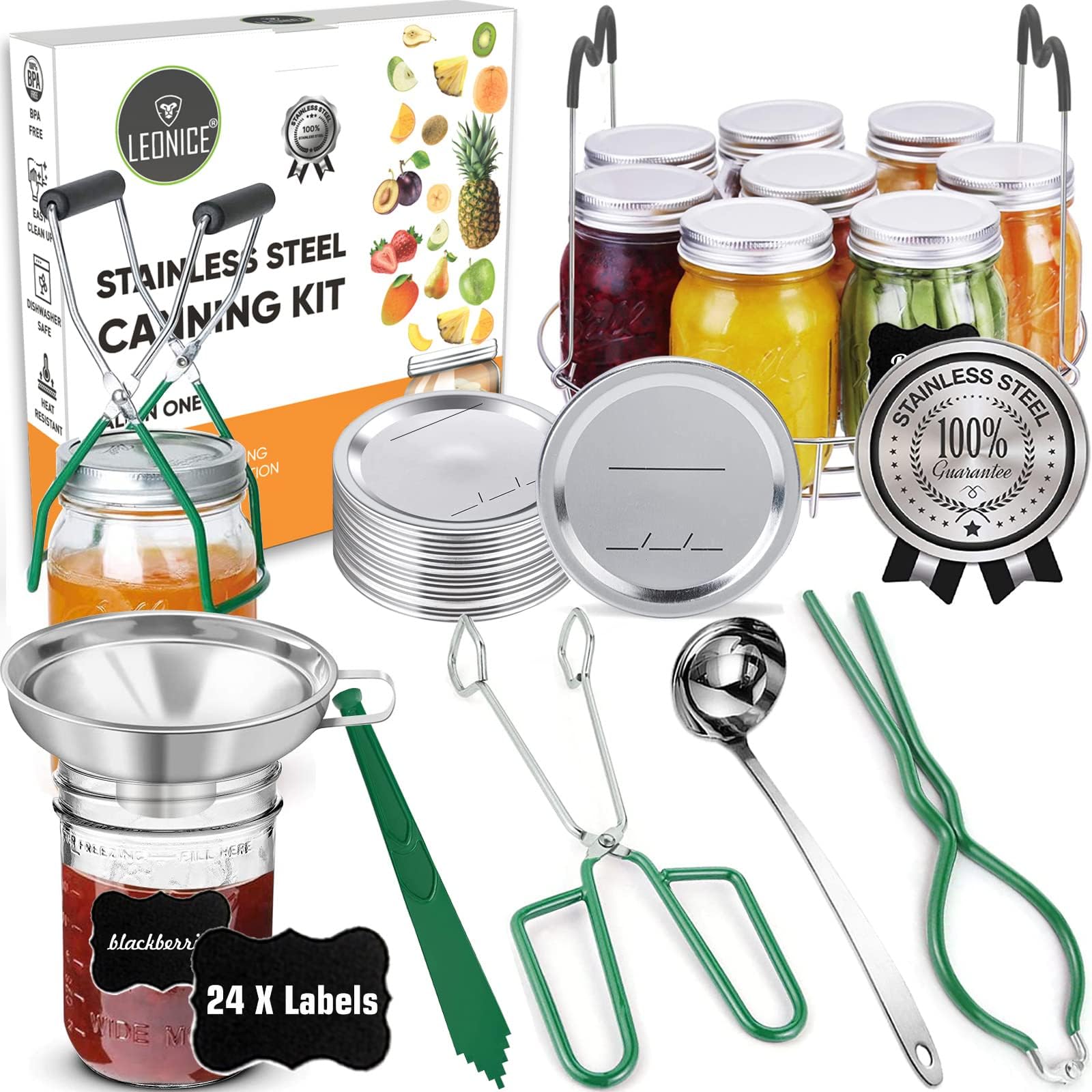 LEONICE Canning Supplies Starter Kit, Stainless Steel Canning Set Tools: Rack, Ladle, Measuring Spoons, Funnel, Tongs, Jar Lifter, Lid Lifter & Accessories for Canner/Pot, Beginner - Green