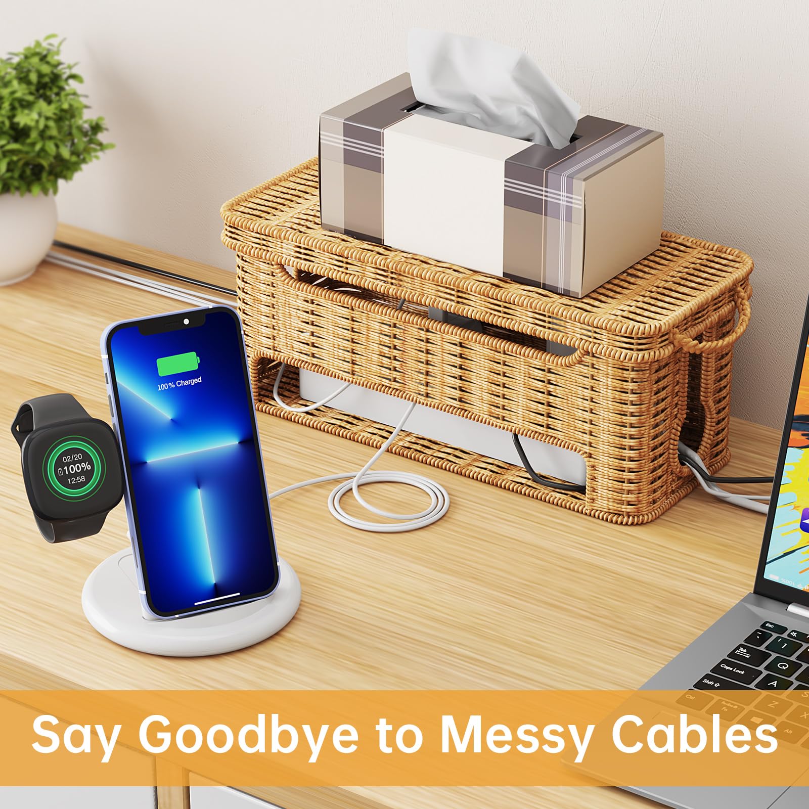 NiHome 3-Pack Rattan Cable Management Boxes to Keep Cords Organized in Home and Office - Image 3
