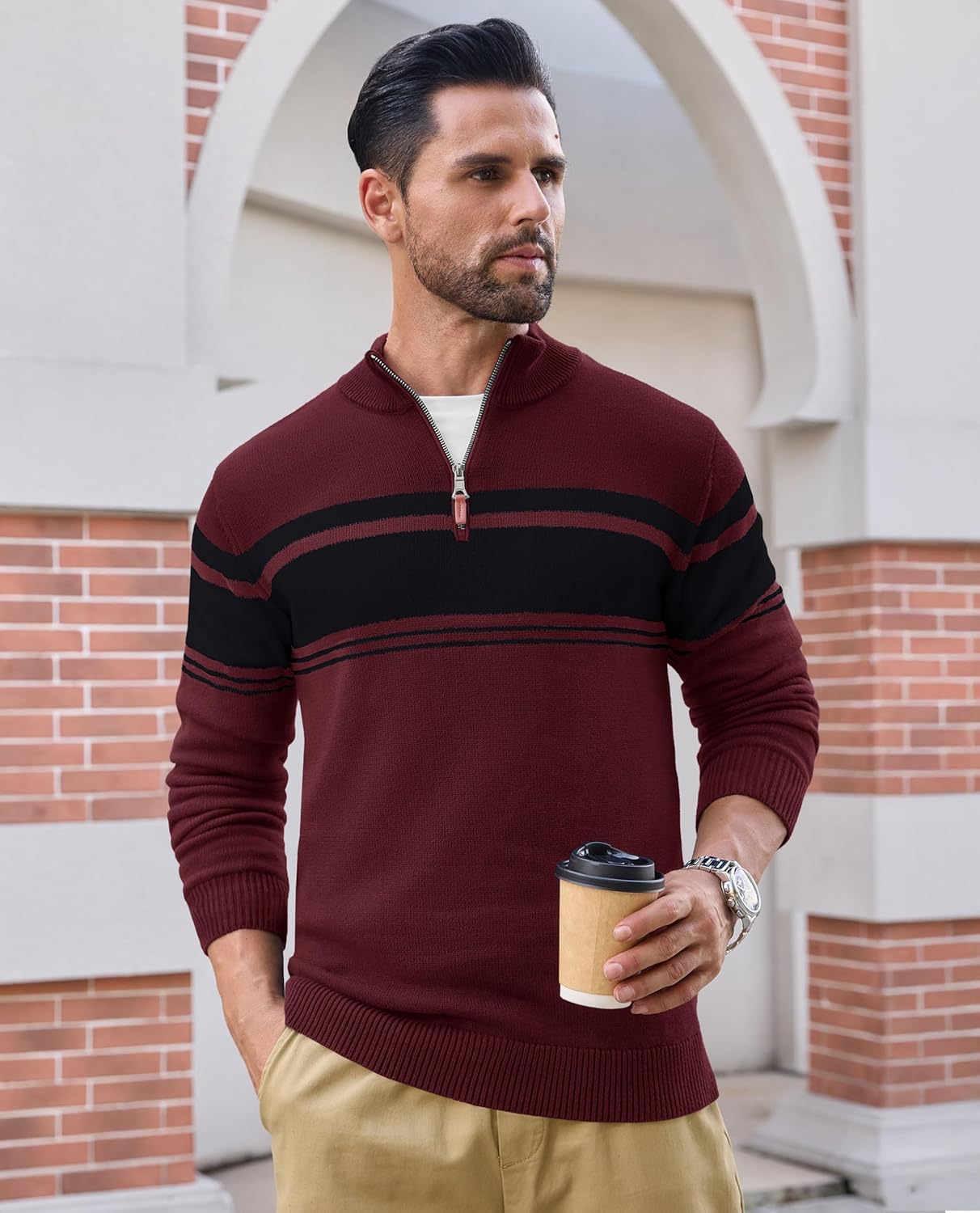 EKLENTSON Men's Quarter Zip Pullover Sweater Striped Knitted Turtleneck Pullover Winter Golf Sweater - Image 2