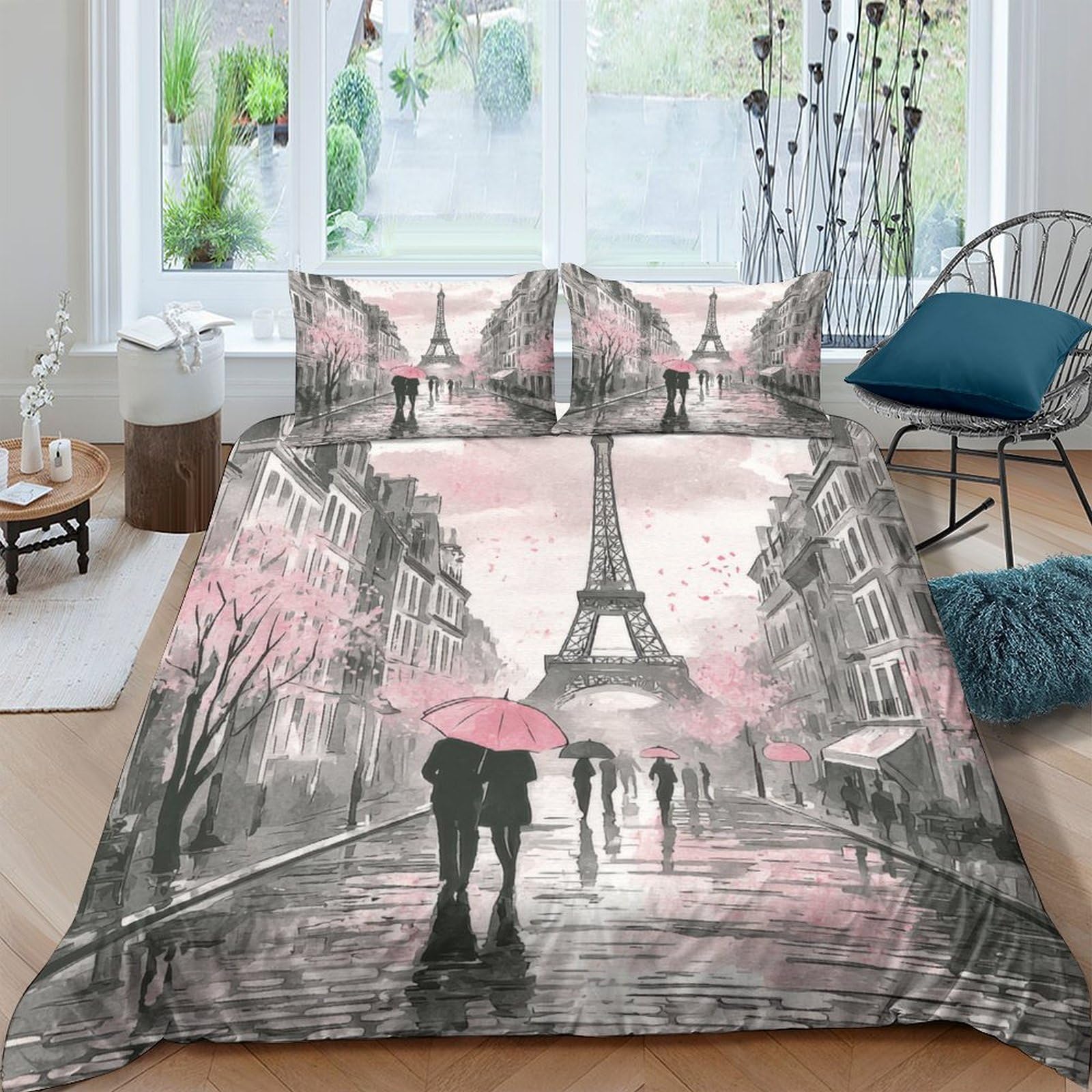 Ctjqhvkz Style-8 3D Printed Paris Street Scene Fitted Sheet Microfiber Soft Pink Grey Bed Cover For Bedroom Guest Room Decor Single（135X200cm）