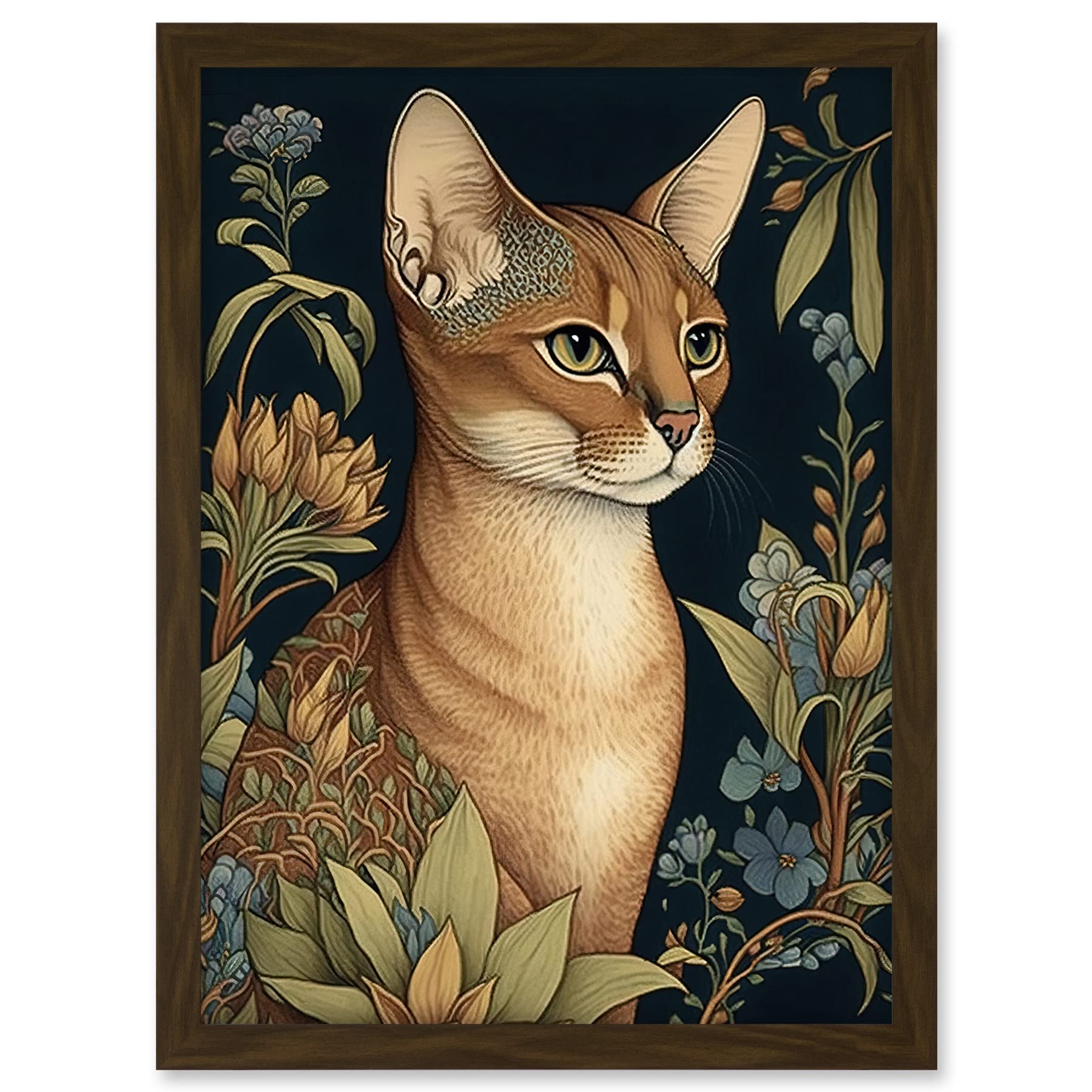 Artery8 Abyssinian Cat with Flowers Art Nouveau Modern Watercolour Illustration Artwork Framed A3 Wall Art Print