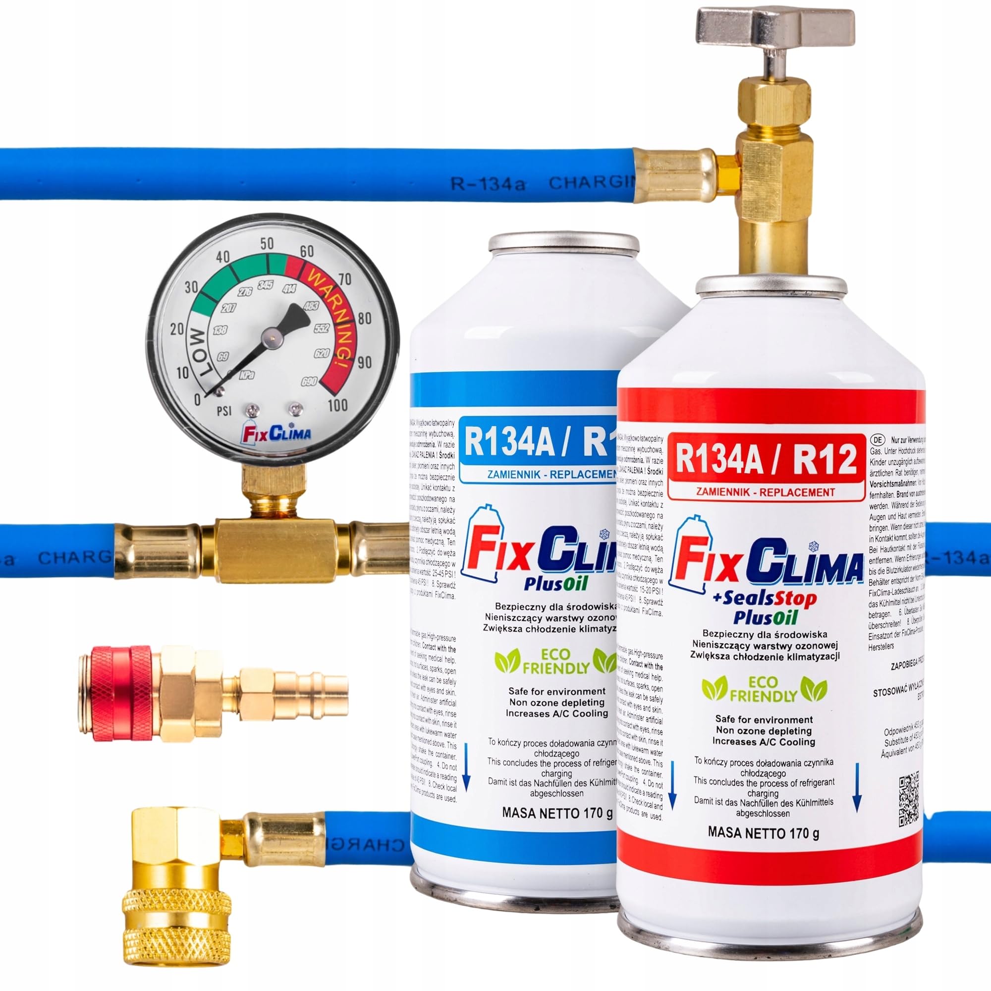 FixClima R134A SealsStop + PlusOil Gas de llenado de aire acondicionado para automóviles 1994 – 2016 | con manguera, sellador 3 en 1 y adaptador HD/ND, paquete doble