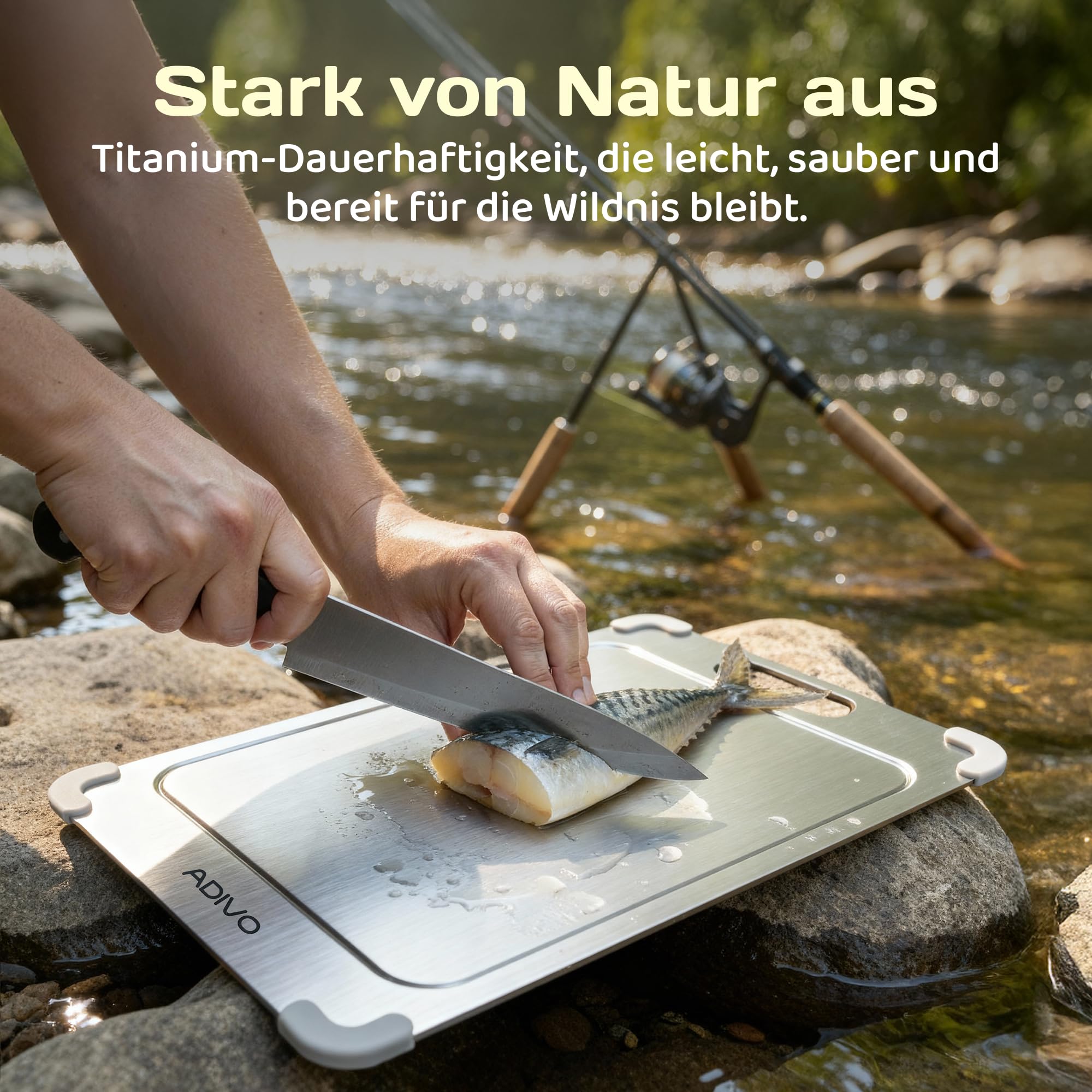 adivo 100% Reines Titan-Schneidebrett, beidseitig nutzbar, ultradünn & leicht, antibakteriell, einfach zu reinigen, rostfrei, 39×28×0,15 cm, Silikonecken, ideal für Camping & Outdoor